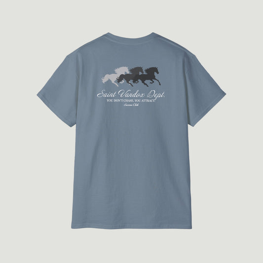 Back view of Stone Blue Vandox Manifest T-Shirt featuring three galloping horses and “You don’t chase. You attract.” quote in elegant script. Starboy old money shirt tshirt clothes vandox sacrevandox vandox clothes vandox clothing