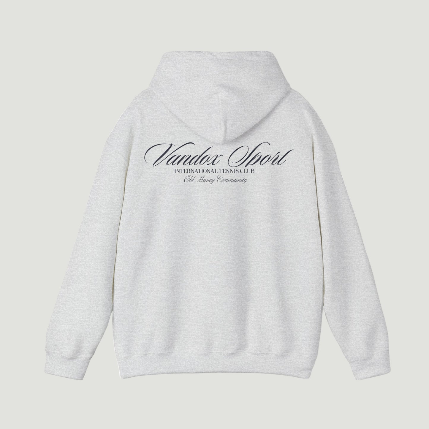 Back view of the Vandox sport grey ash Sport Hoodie featuring “Vandox Sport” script and International Tennis Club text. Starboy old money hoodie sweatshirt clothes vandox sacrevandox vandox clothes vandox clothing