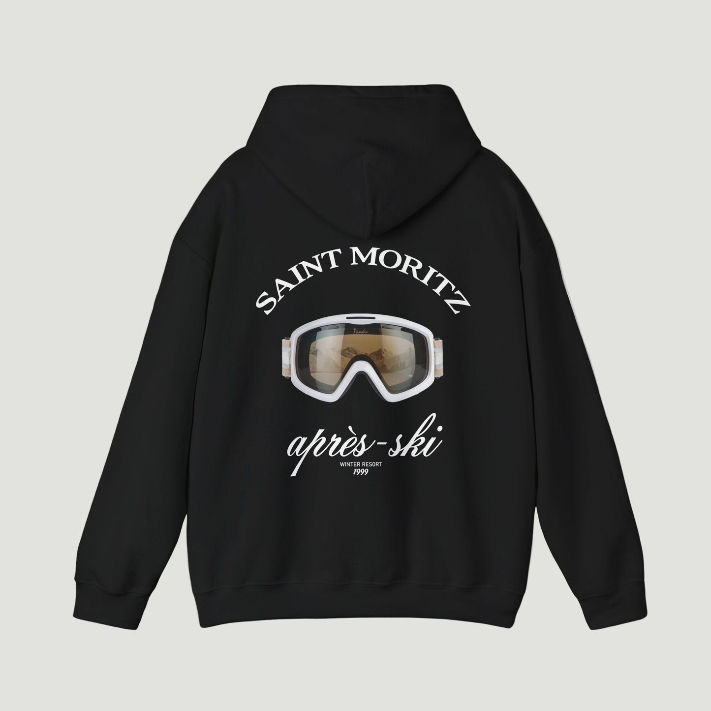 Back view of the Vandox deep black Alpine Vision Hoodie featuring Saint Moritz lettering and goggle graphic. Starboy old money hoodie sweatshirt clothes vandox sacrevandox vandox clothes vandox clothing