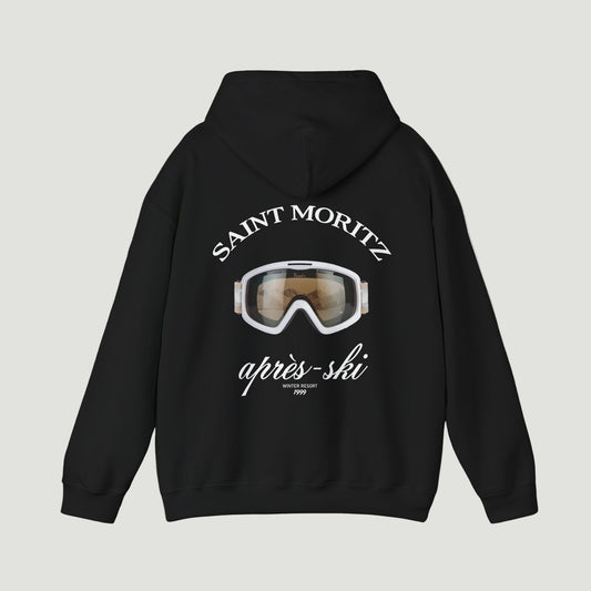 Back view of the Vandox deep black Alpine Vision Hoodie featuring Saint Moritz lettering and goggle graphic. Starboy old money hoodie sweatshirt clothes vandox sacrevandox vandox clothes vandox clothing