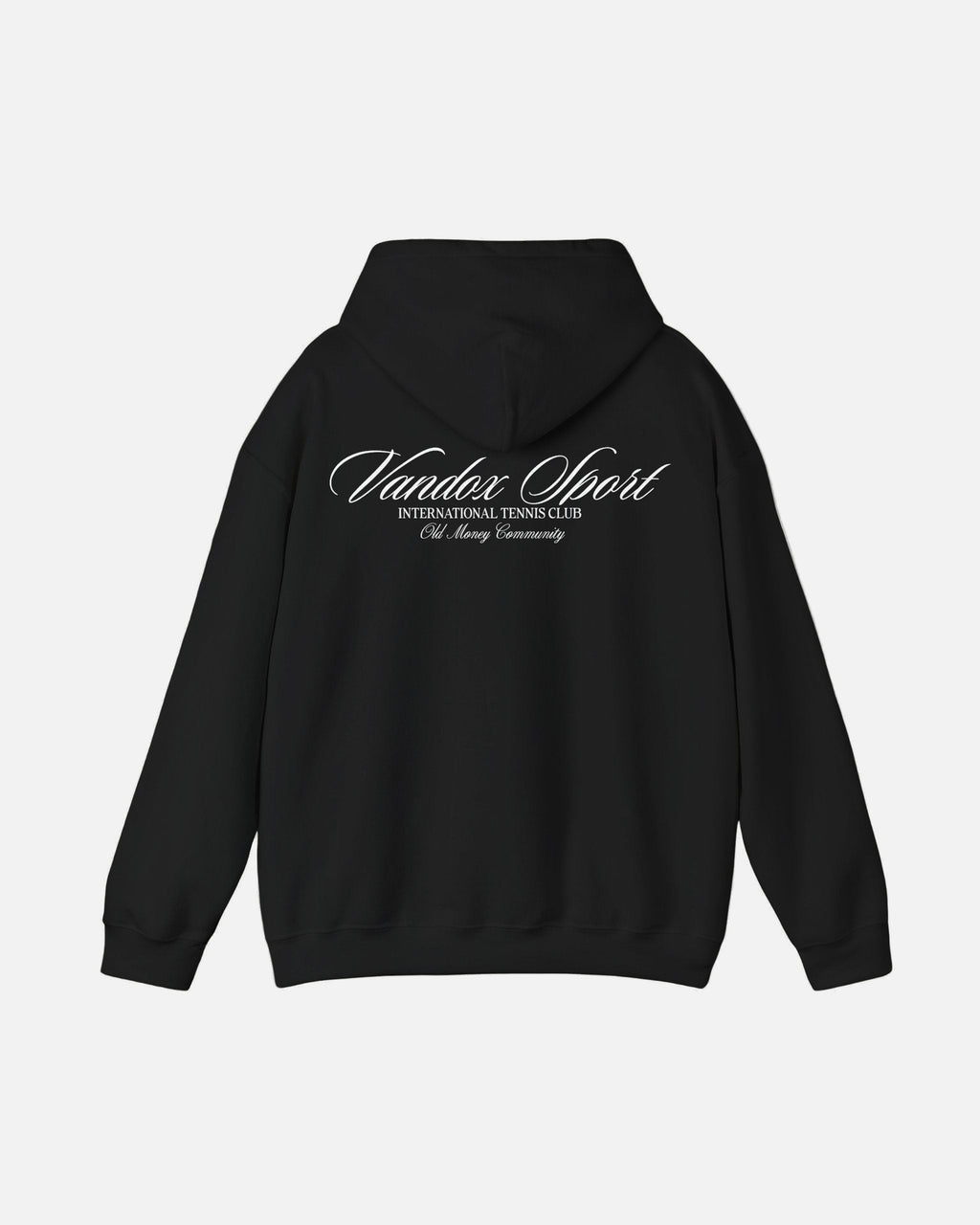 Back view of the Vandox deep black Sport Hoodie featuring “Vandox Sport” script and International Tennis Club text. Starboy old money hoodie sweatshirt clothes vandox sacrevandox vandox clothes vandox clothing