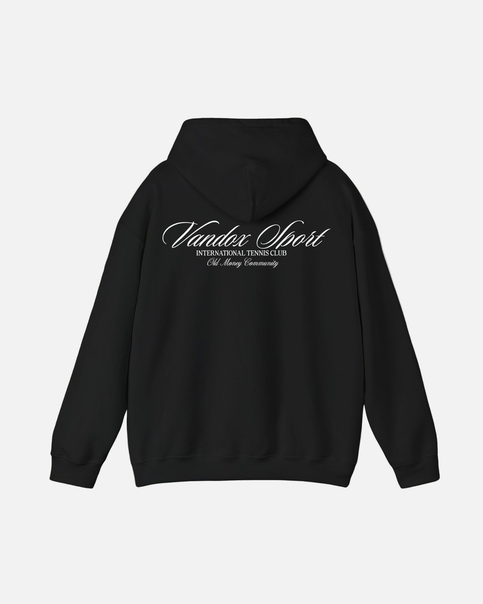 Back view of the Vandox deep black Sport Hoodie featuring “Vandox Sport” script and International Tennis Club text. Starboy old money hoodie sweatshirt clothes vandox sacrevandox vandox clothes vandox clothing
