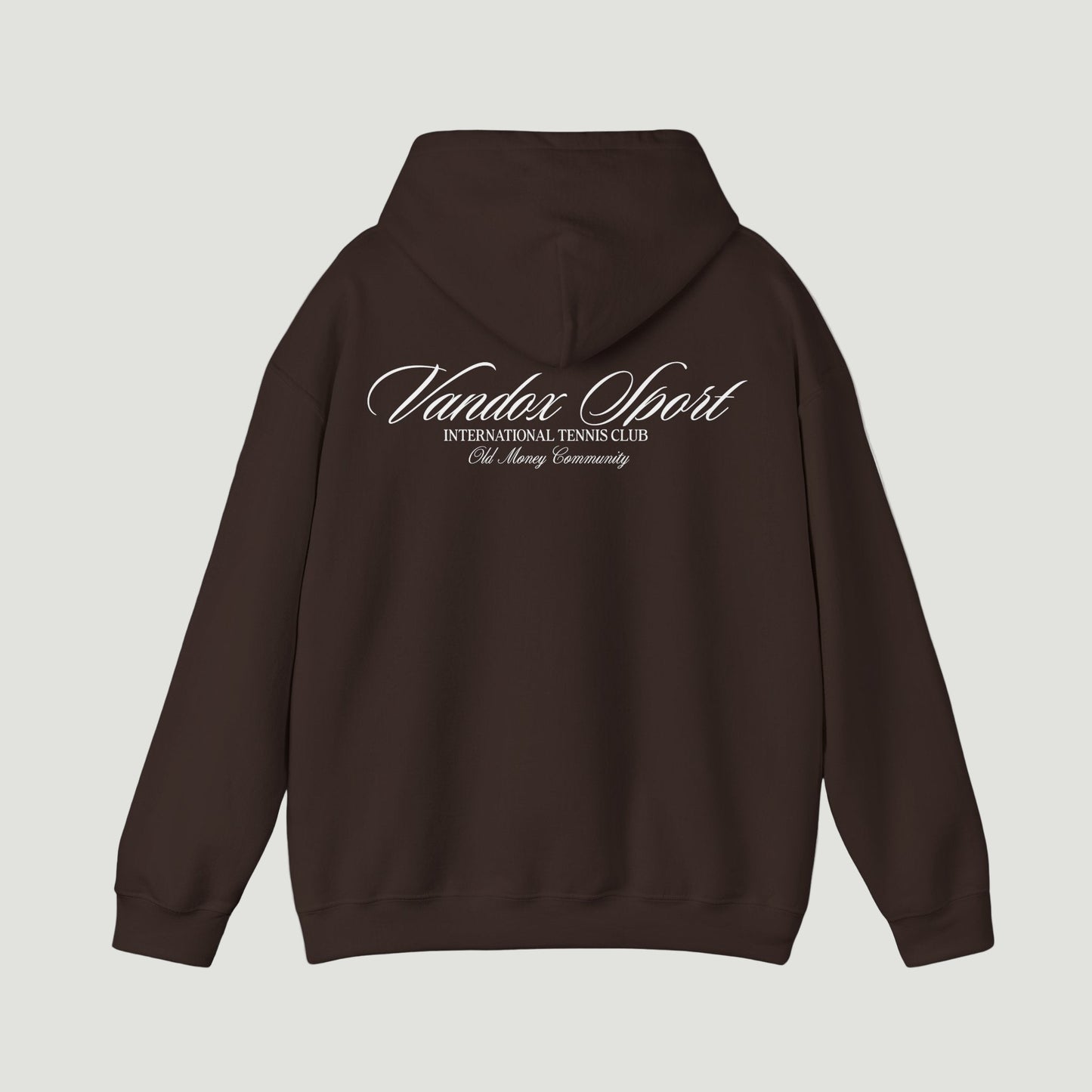 Back view of the Vandox dark chocolate brown mocha Sport Hoodie featuring “Vandox Sport” script and International Tennis Club text. Starboy old money hoodie sweatshirt clothes vandox sacrevandox vandox clothes vandox clothing