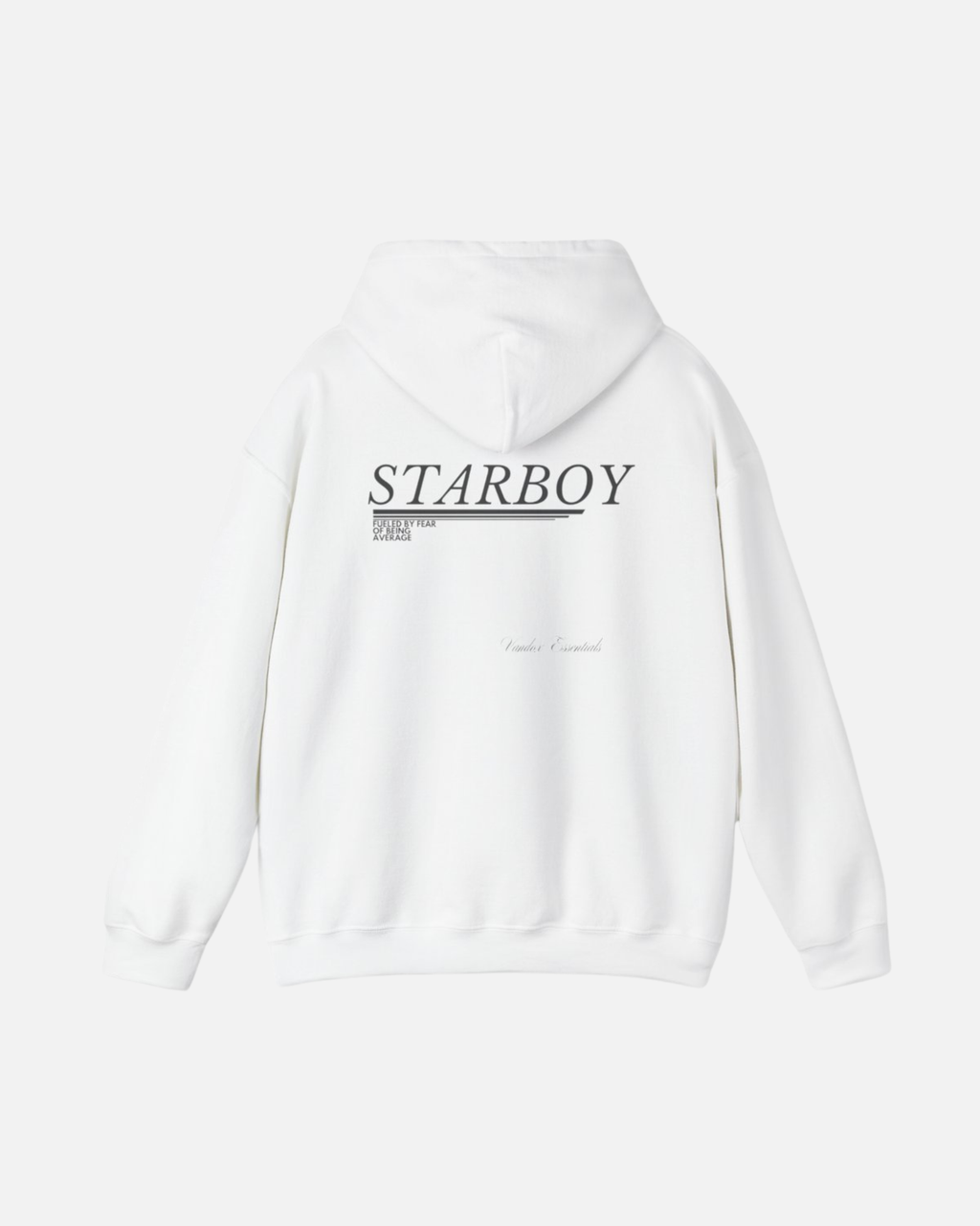 Eggshell White Vandox Starboy hoodie with minimalist text design and "Vandox Essentials" branding on the back, ideal for casual and stylish streetwear looks. Starboy old money hoodie sweatshirt clothes vandox sacrevandox vandox clothes vandox clothing