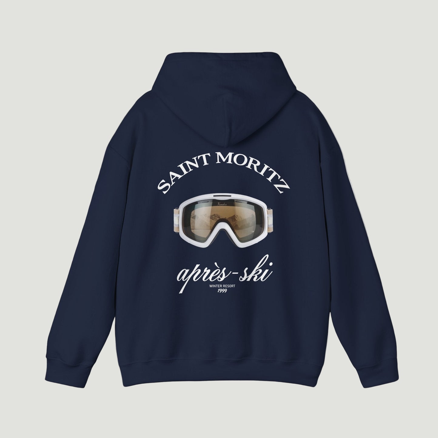 Back view of the Vandox deep dark blue navy Alpine Vision Hoodie featuring Saint Moritz lettering and goggle graphic. Starboy old money hoodie sweatshirt clothes vandox sacrevandox vandox clothes vandox clothing