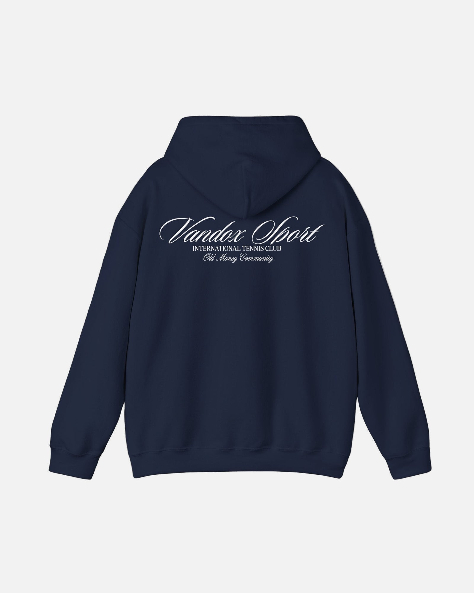 Back view of the Vandox deep dark blue navy Sport Hoodie featuring “Vandox Sport” script and International Tennis Club text. Starboy old money hoodie sweatshirt clothes vandox sacrevandox vandox clothes vandox clothing