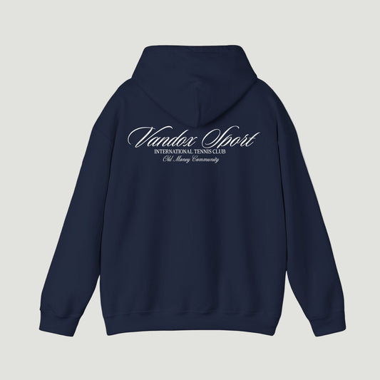 Back view of the Vandox deep dark blue navy Sport Hoodie featuring “Vandox Sport” script and International Tennis Club text. Starboy old money hoodie sweatshirt clothes vandox sacrevandox vandox clothes vandox clothing