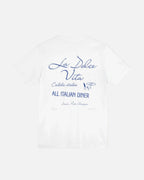 Vandox Dolce Vita Diner T-Shirt in eggshell white with navy script, evoking Italian summer nights, old money elegance, and starboy confidence. Starboy old money shirt tshirt clothes vandox sacrevandox vandox clothes vandox clothing