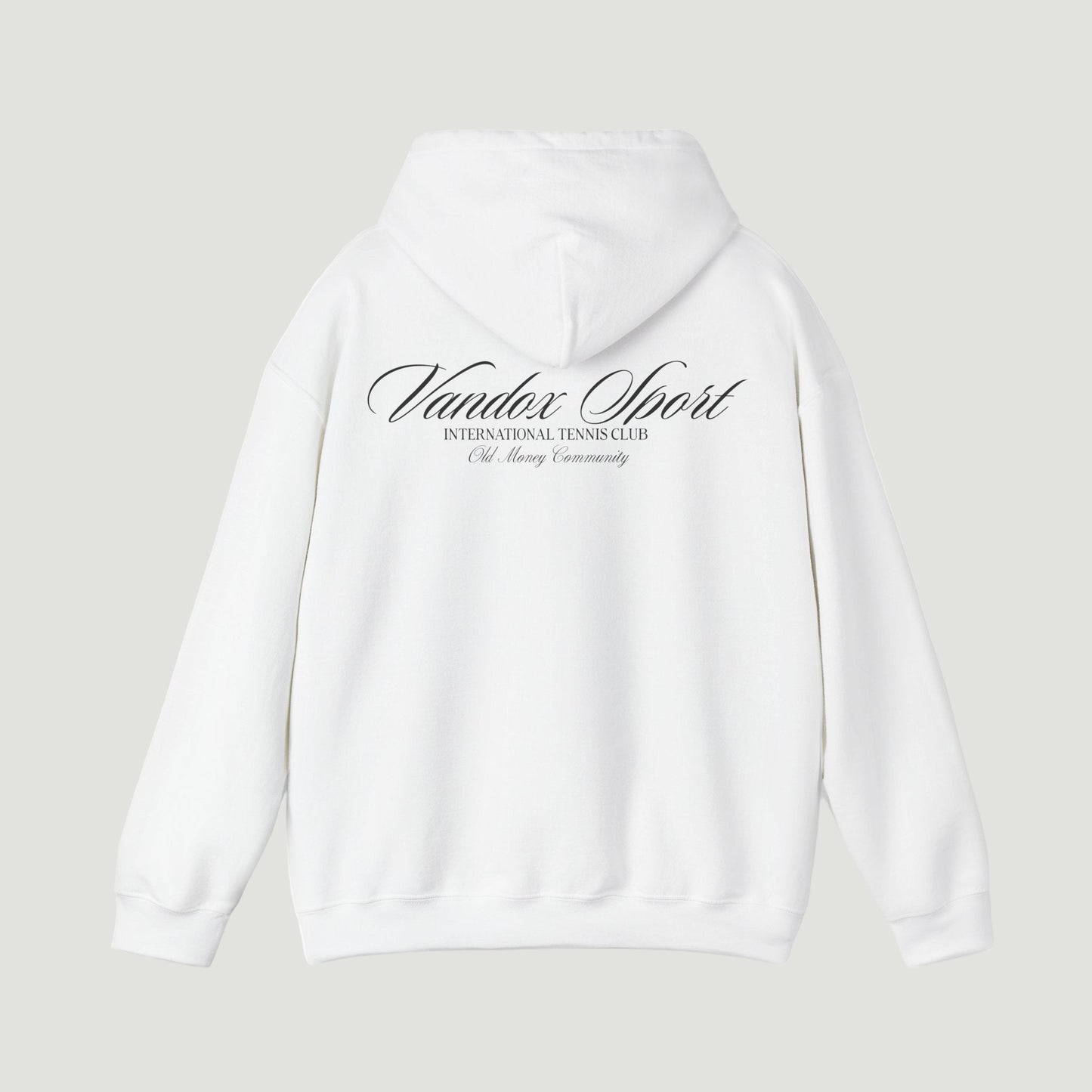 Back view of the Vandox eggshell white Sport Hoodie featuring “Vandox Sport” script and International Tennis Club text. Starboy old money hoodie sweatshirt clothes vandox sacrevandox vandox clothes vandox clothing