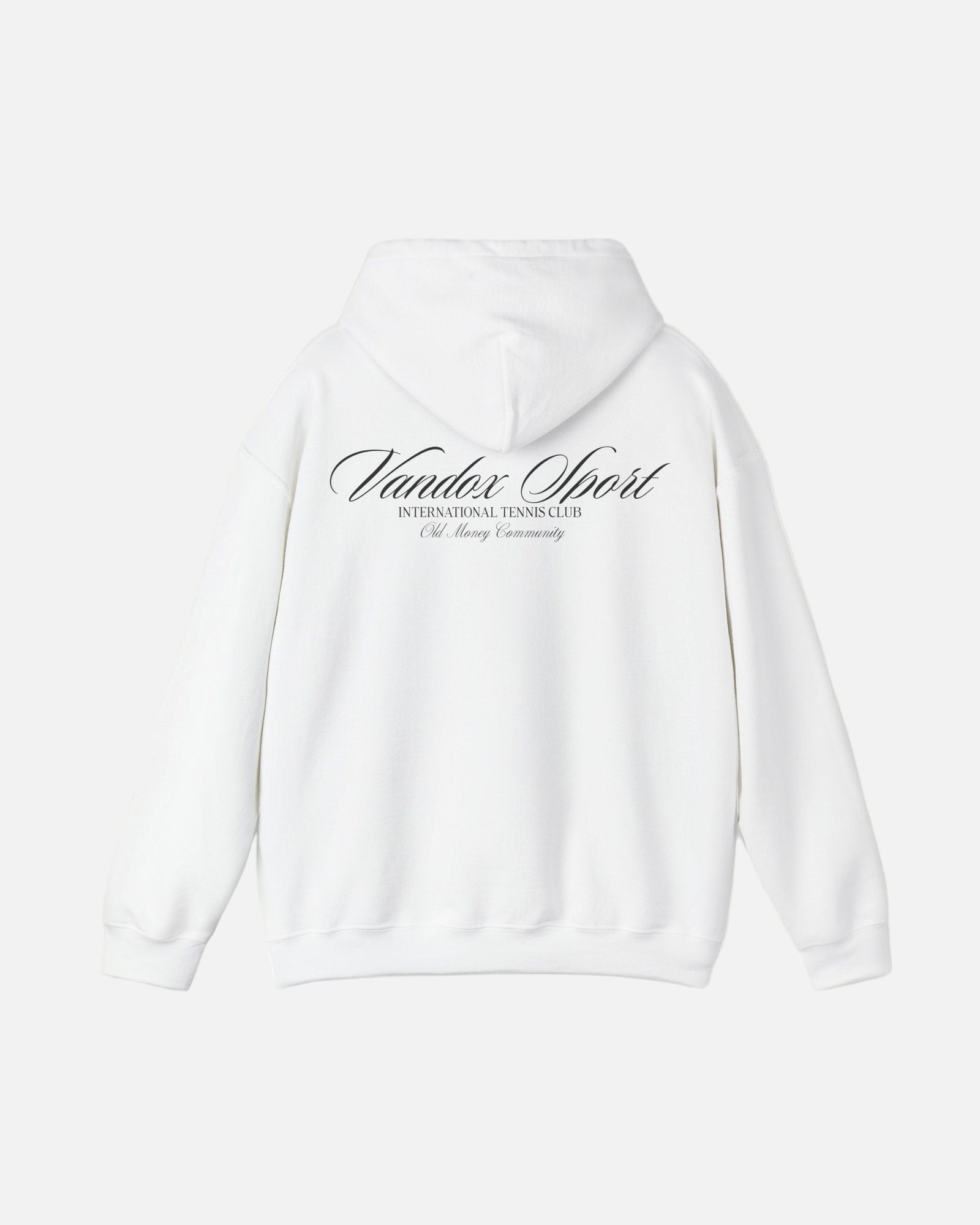 Back view of the Vandox eggshell white Sport Hoodie featuring “Vandox Sport” script and International Tennis Club text. Starboy old money hoodie sweatshirt clothes vandox sacrevandox vandox clothes vandox clothing