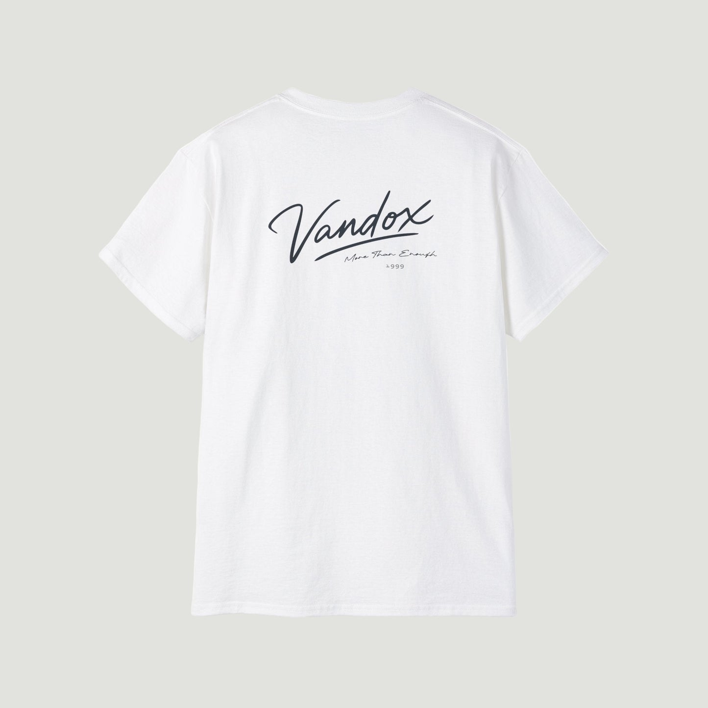 Back view of the Eggshell White Vandox 1999 Classic T-Shirt featuring signature script and “More Than Enough” detail in dark print.   Starboy old money shirt tshirt clothes vandox sacrevandox vandox clothes vandox clothing