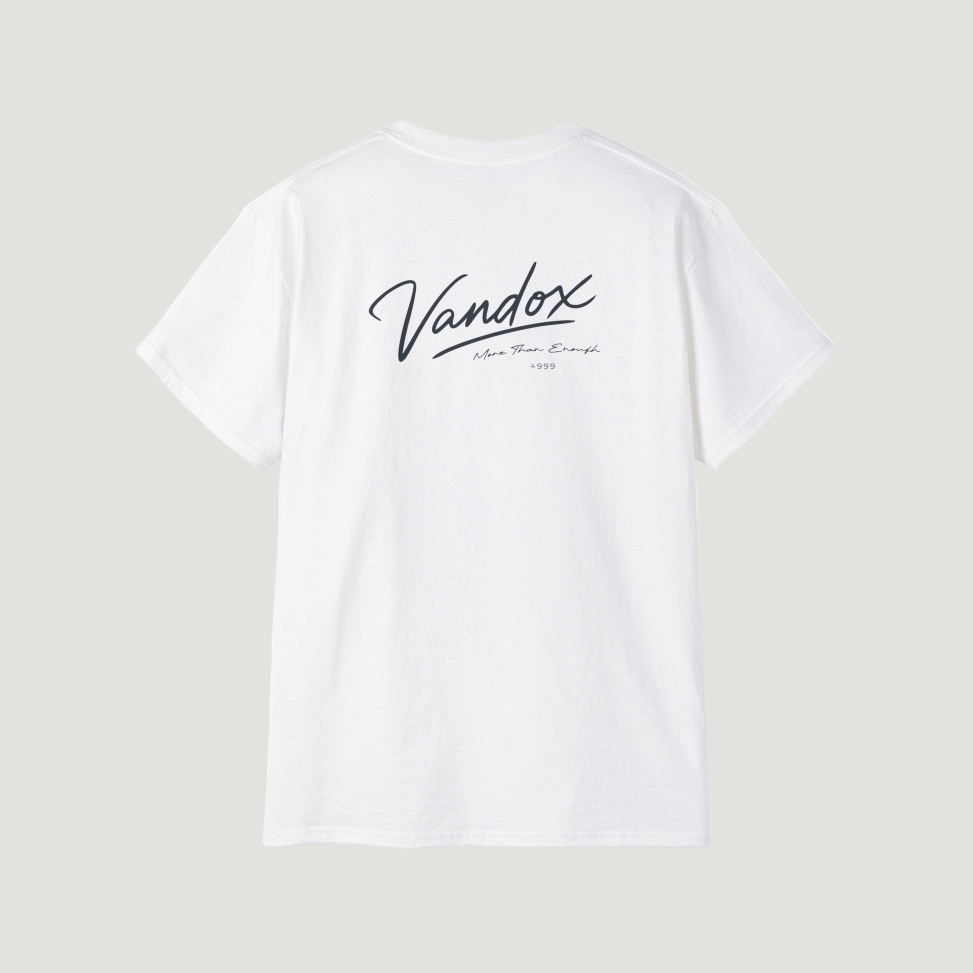 Back view of the Eggshell White Vandox 1999 Classic T-Shirt featuring signature script and “More Than Enough” detail in dark print.   Starboy old money shirt tshirt clothes vandox sacrevandox vandox clothes vandox clothing
