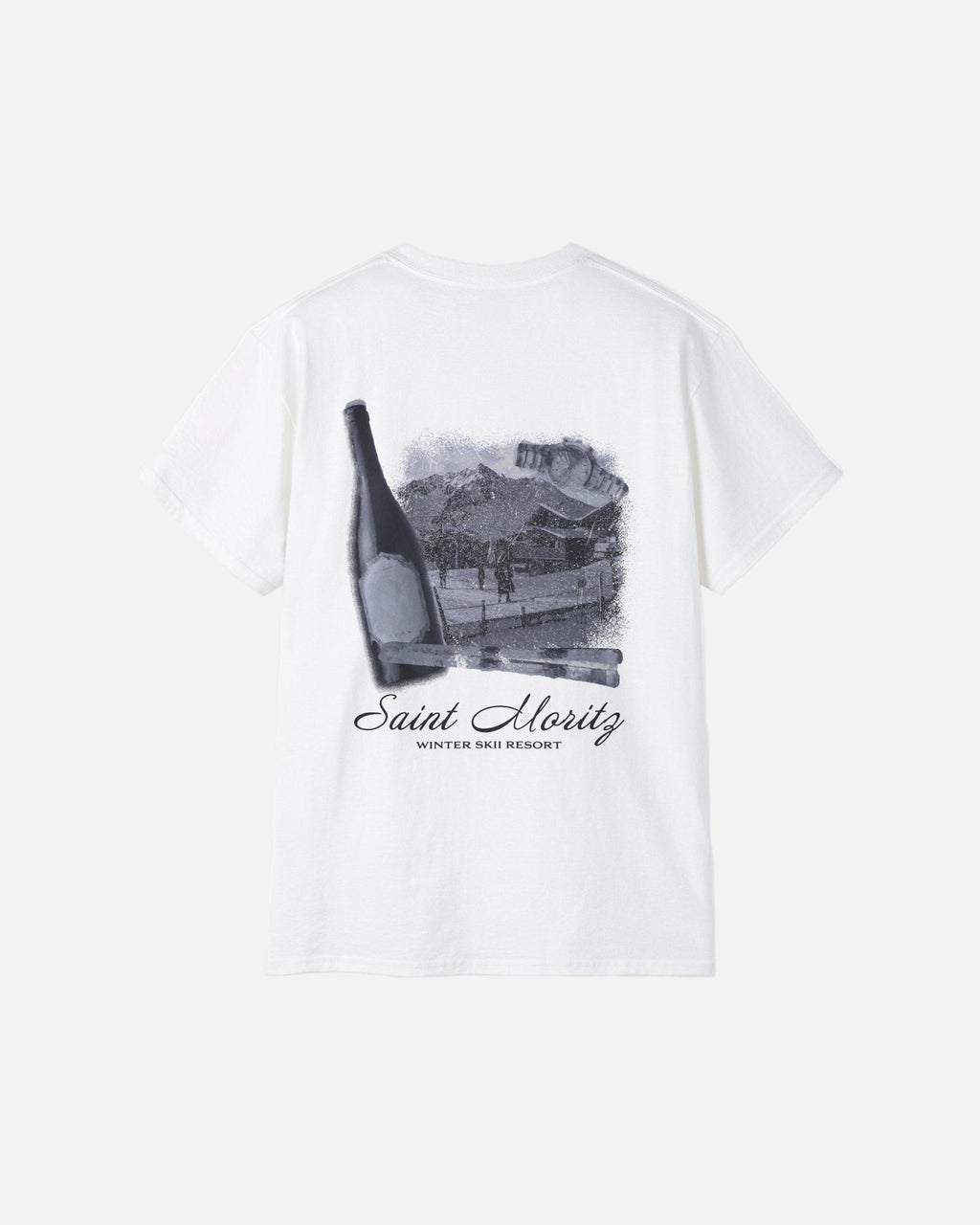 Back view of the eggshell white Vandox Alpine Ski Club T-Shirt featuring Saint Moritz winter resort and champagne bottle graphic. Starboy old money shirt tshirt clothes vandox sacrevandox vandox clothes vandox clothing