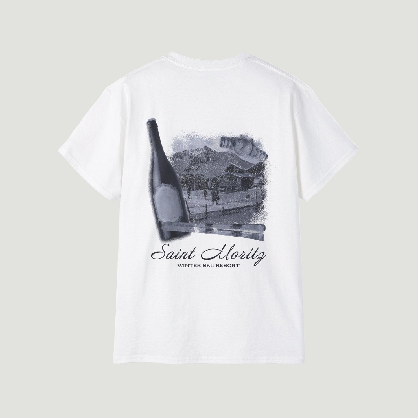 Back view of the eggshell white Vandox Alpine Ski Club T-Shirt featuring Saint Moritz winter resort and champagne bottle graphic. Starboy old money shirt tshirt clothes vandox sacrevandox vandox clothes vandox clothing