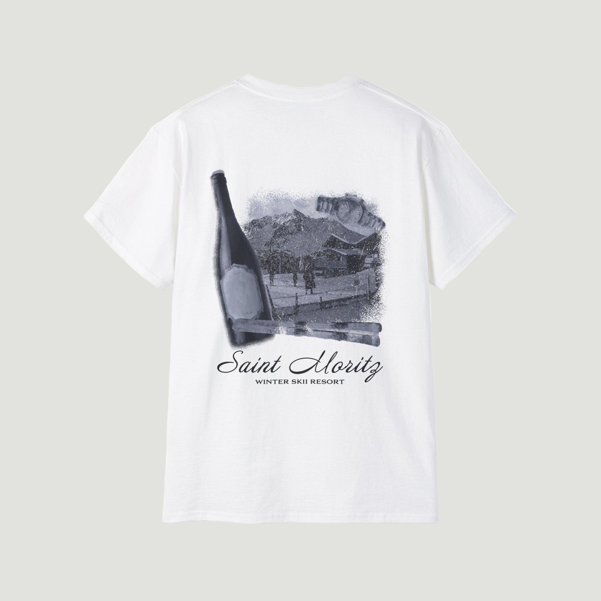 Back view of the eggshell white Vandox Alpine Ski Club T-Shirt featuring Saint Moritz winter resort and champagne bottle graphic. Starboy old money shirt tshirt clothes vandox sacrevandox vandox clothes vandox clothing