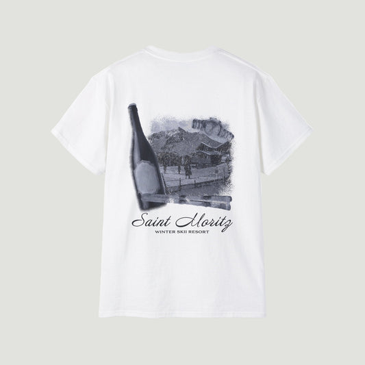 Back view of the eggshell white Vandox Alpine Ski Club T-Shirt featuring Saint Moritz winter resort and champagne bottle graphic. Starboy old money shirt tshirt clothes vandox sacrevandox vandox clothes vandox clothing