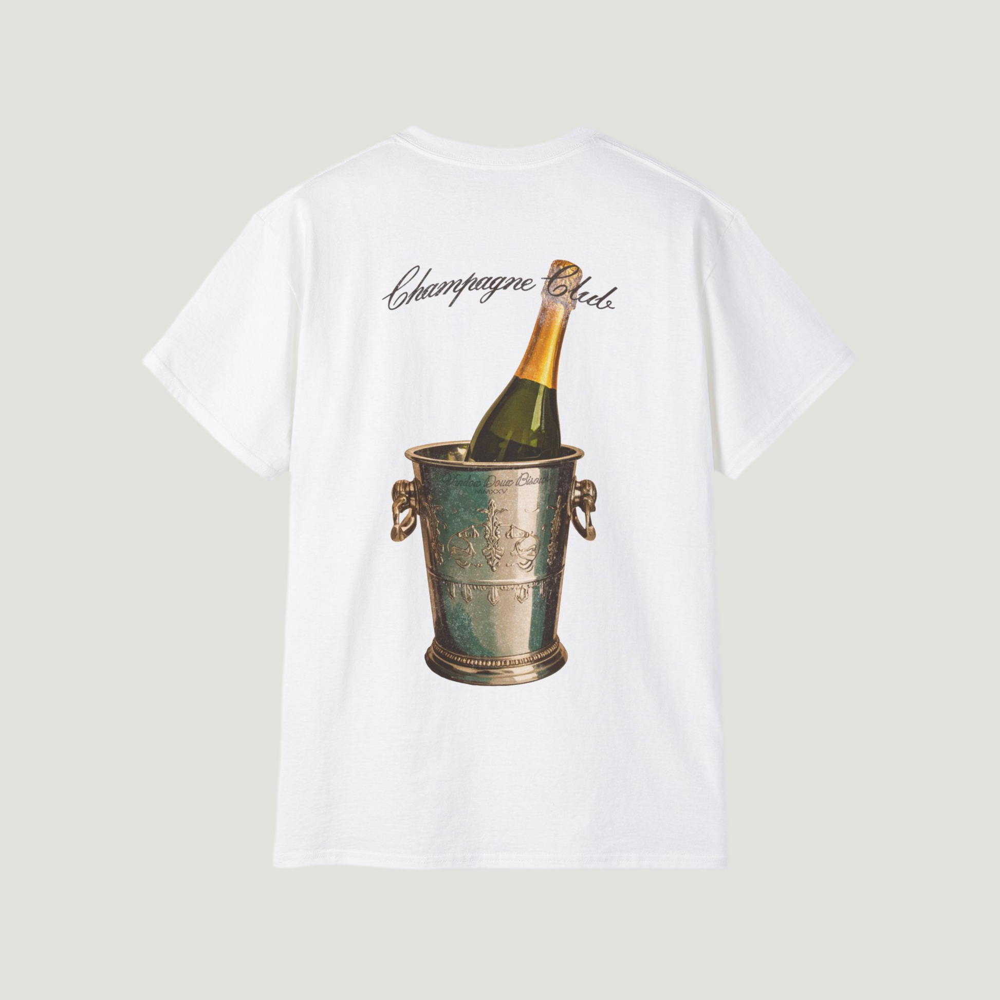 Back view of the eggshell white Bubbly Society T-Shirt by Vandox with champagne bucket graphic and “Champagne Club” script. Starboy old money shirt tshirt clothes vandox sacrevandox vandox clothes vandox clothing