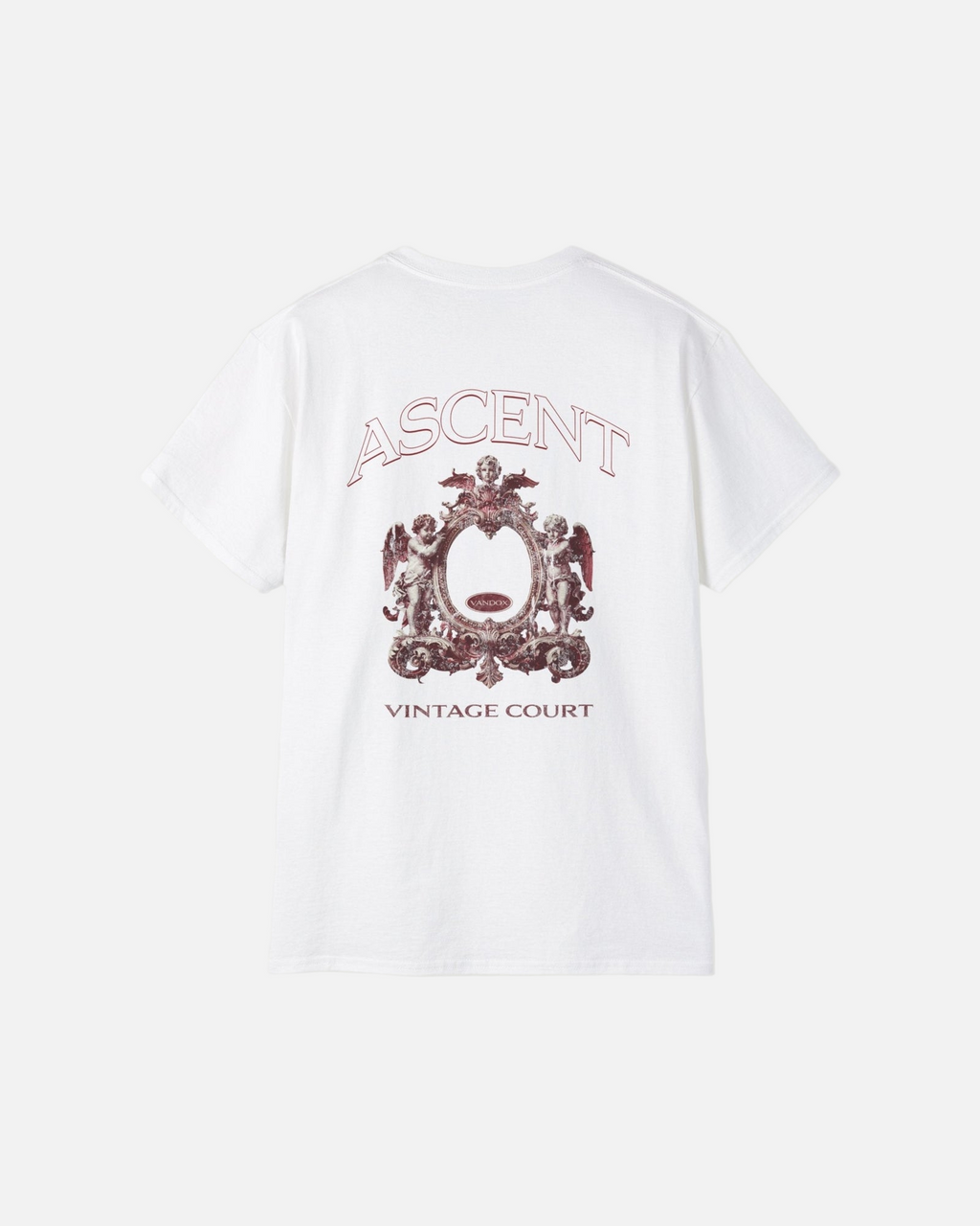 Back view of the eggshell white Vandox Grand Court T-Shirt featuring ornate cherub crest design with “Ascent” and “Vintage Court” text. Starboy old money shirt tshirt clothes vandox sacrevandox vandox clothes vandox clothing