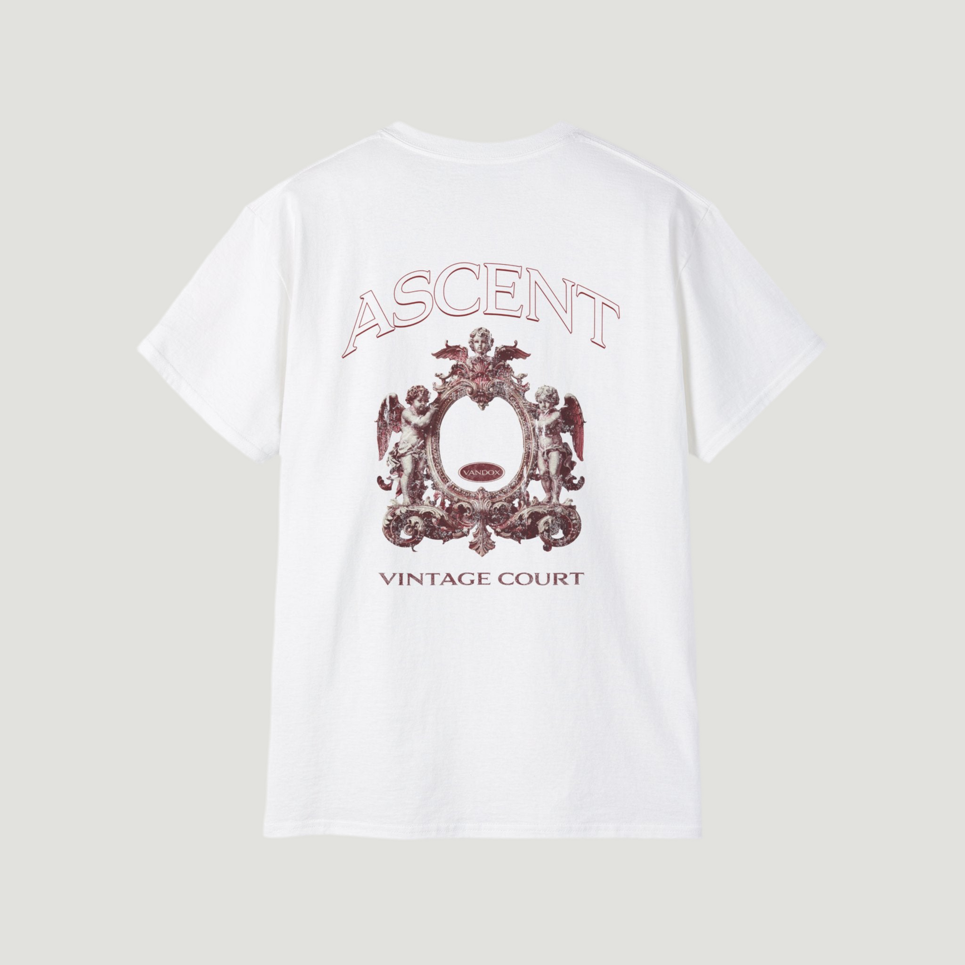 Back view of the eggshell white Vandox Grand Court T-Shirt featuring ornate cherub crest design with “Ascent” and “Vintage Court” text. Starboy old money shirt tshirt clothes vandox sacrevandox vandox clothes vandox clothing