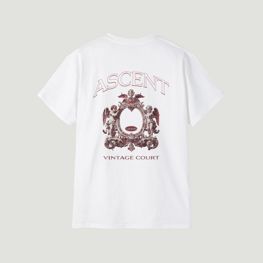 Back view of the eggshell white Vandox Grand Court T-Shirt featuring ornate cherub crest design with “Ascent” and “Vintage Court” text. Starboy old money shirt tshirt clothes vandox sacrevandox vandox clothes vandox clothing