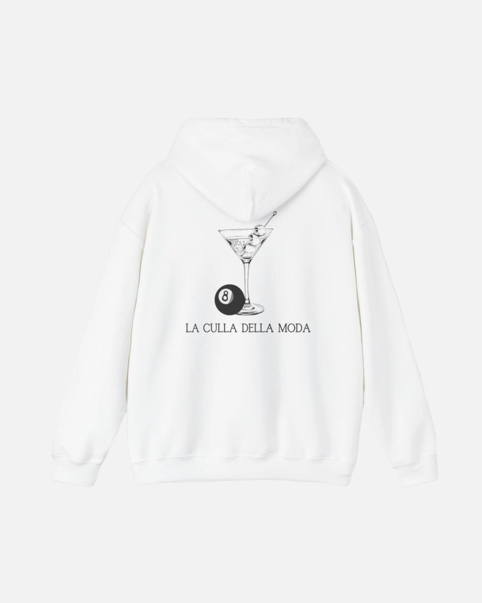 White Vandox Hoodie with a martini glass, 8-ball, and the phrase "La Culla Della Moda" on the back. Starboy old money hoodie sweatshirt clothes vandox sacrevandox vandox clothes vandox clothing
