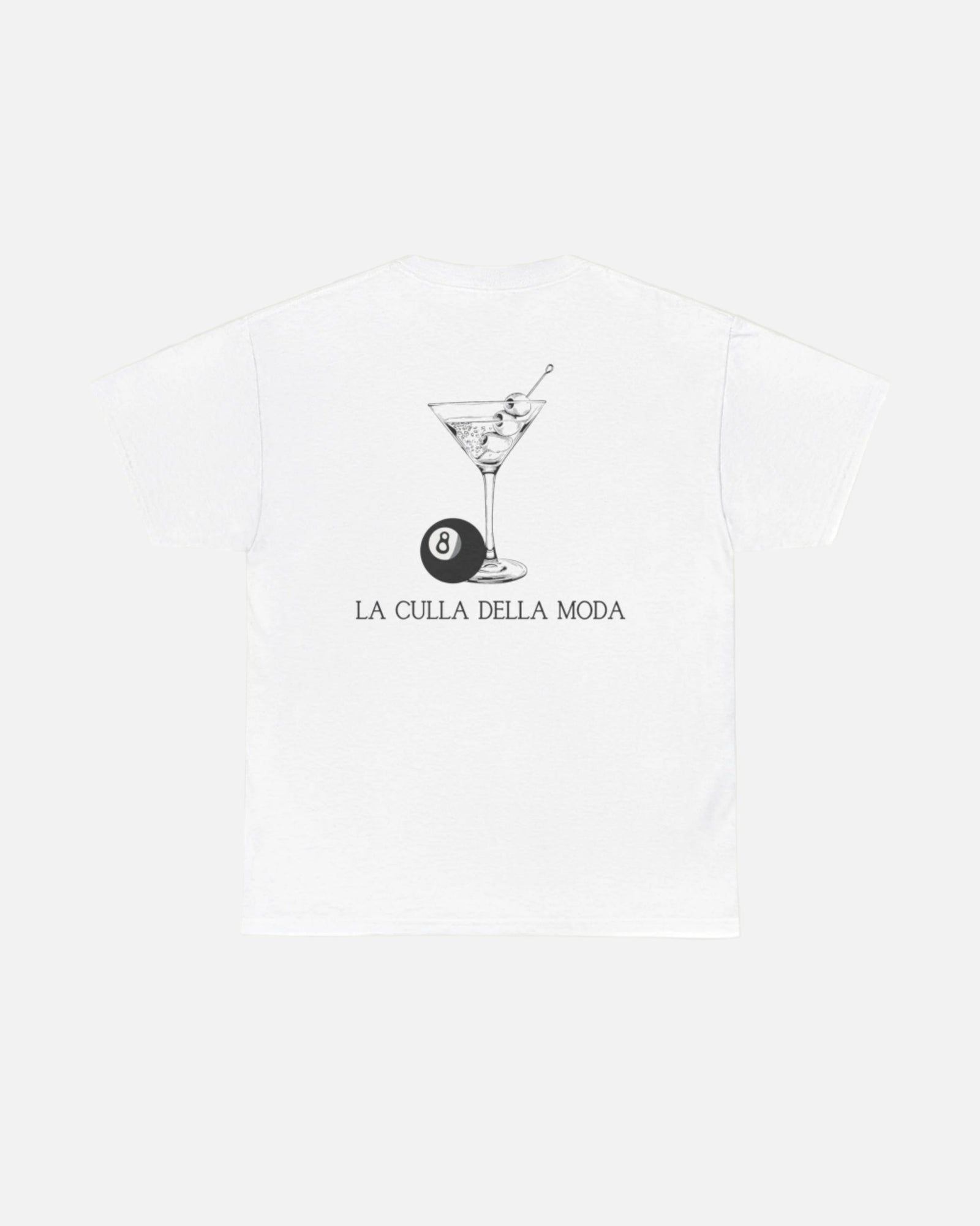 White Vandox T-shirt with a martini glass, 8-ball, and the phrase "La Culla Della Moda" on the back. Starboy old money shirt tshirt clothes vandox sacrevandox vandox clothes vandox clothing