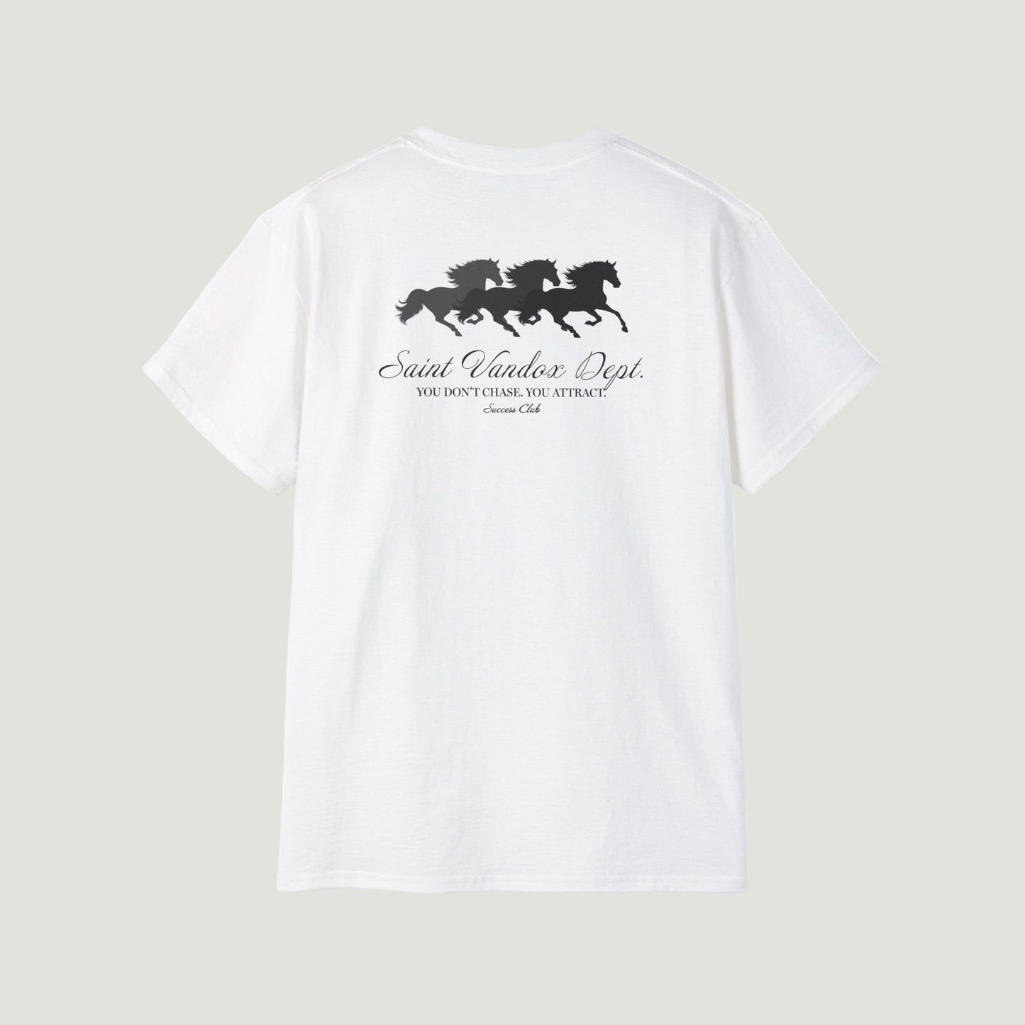 Back view of Eggshell White Vandox Manifest T-Shirt featuring three galloping horses and “You don’t chase. You attract.” quote in elegant script. Starboy old money shirt tshirt clothes vandox sacrevandox vandox clothes vandox clothing