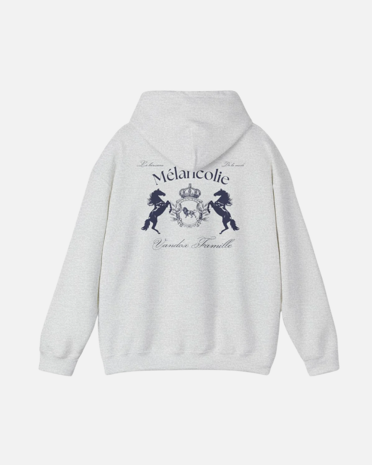  Ash Gray Grey Vandox Hoodie with regal crest, two horses, and "Mélancolie" and "Vandox Famille" text on the back. Starboy old money hoodie sweatshirt clothes vandox sacrevandox vandox clothes vandox clothing