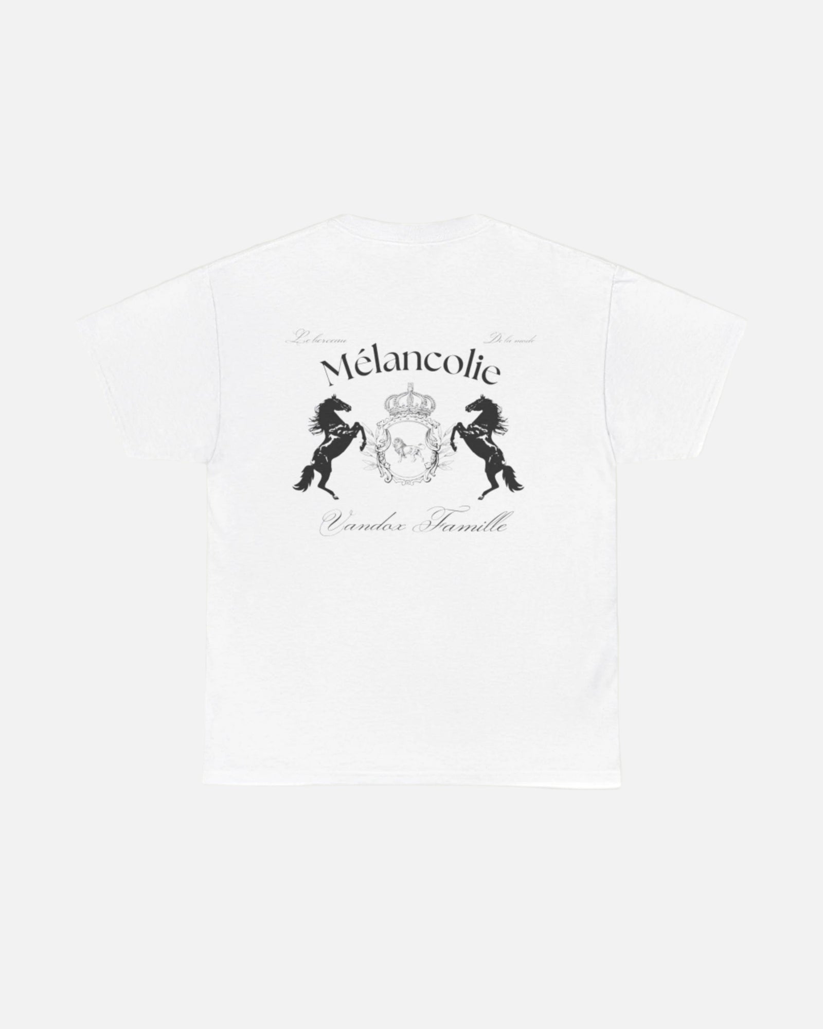  White Vandox t-shirt with regal crest, two horses, and "Mélancolie" and "Vandox Famille" text on the back. Starboy old money shirt tshirt clothes vandox sacrevandox vandox clothes vandox clothing