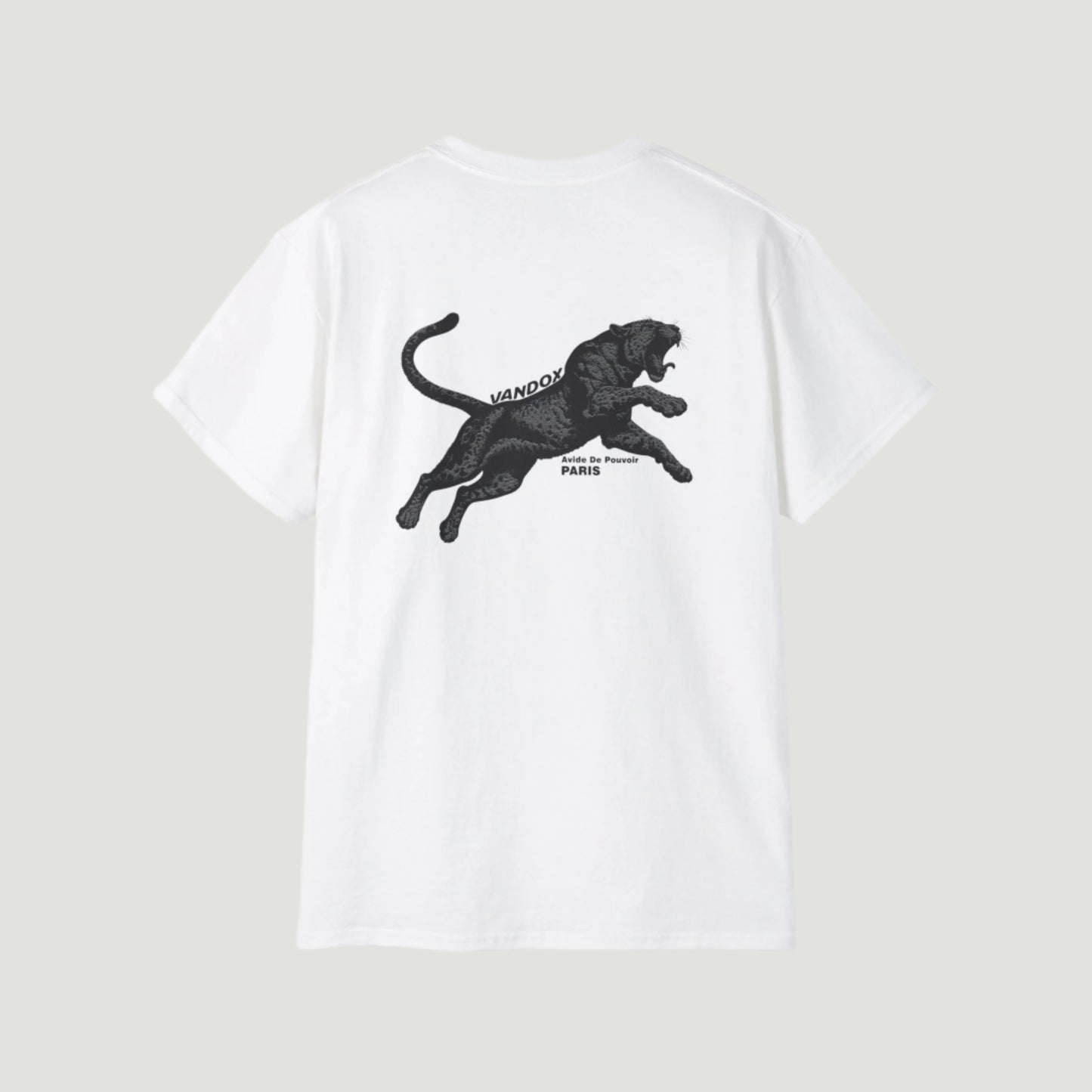 Back view of Eggshell White Vandox Noir Pounce T-Shirt with leaping black panther graphic and “Arène de Pouvoir – Paris” inscription. Starboy old money shirt tshirt clothes vandox sacrevandox vandox clothes vandox clothing