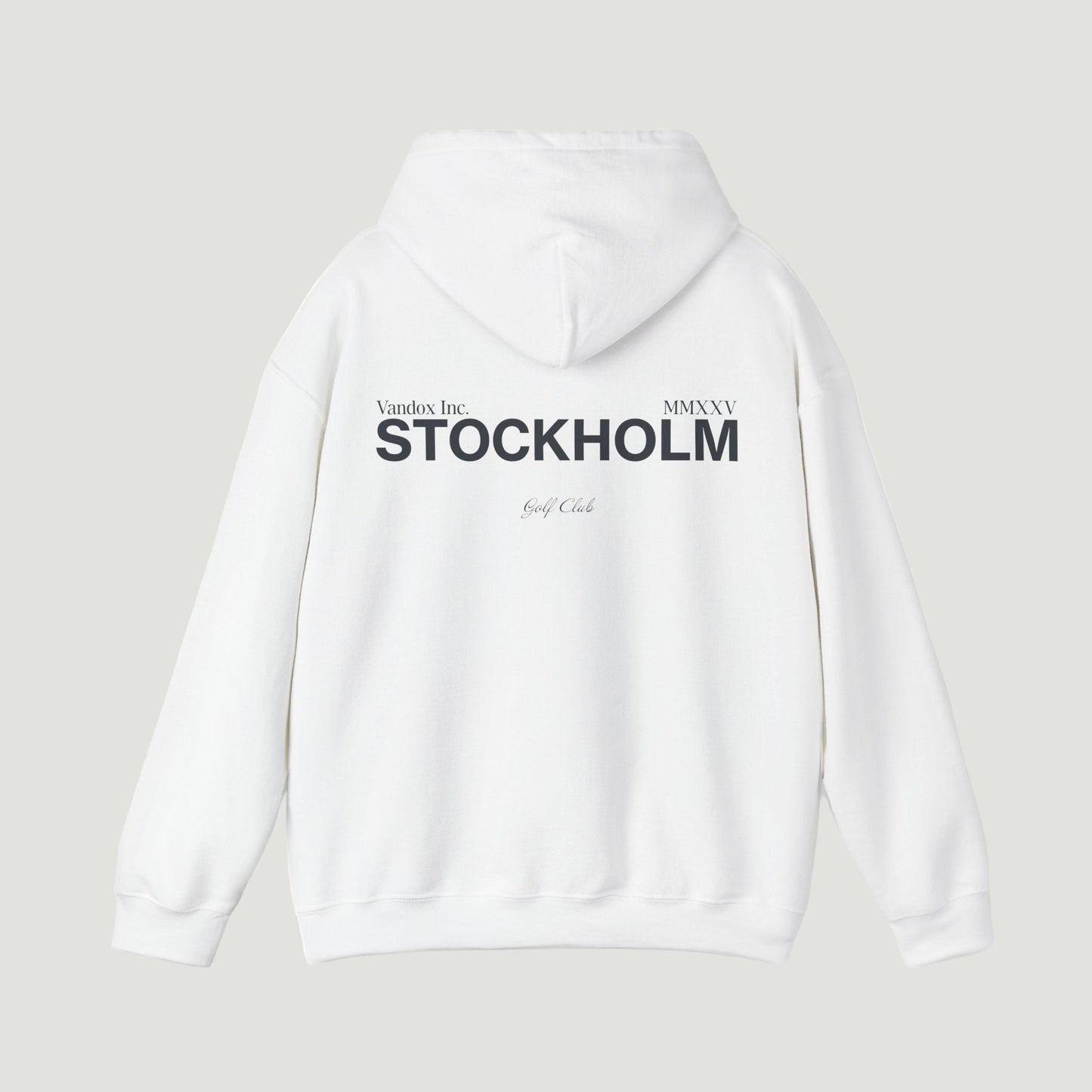 Back view of the Eggshell White Vandox Stockholm Hoodie featuring minimal “Vandox Inc.” and bold “STOCKHOLM” lettering with Golf Club detail. Starboy old money hoodie sweatshirt clothes vandox sacrevandox vandox clothes vandox clothing