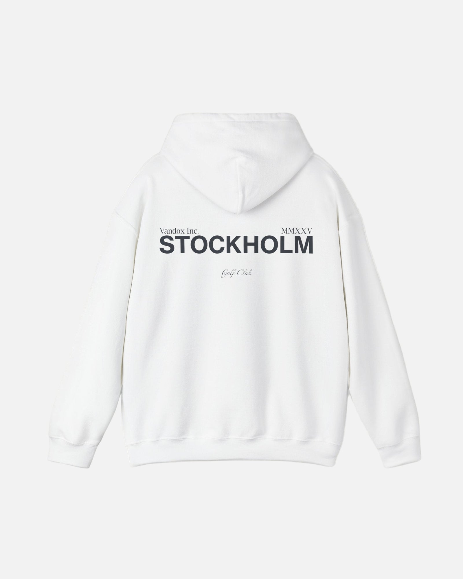 Back view of the Eggshell White Vandox Stockholm Hoodie featuring minimal “Vandox Inc.” and bold “STOCKHOLM” lettering with Golf Club detail. Starboy old money hoodie sweatshirt clothes vandox sacrevandox vandox clothes vandox clothing