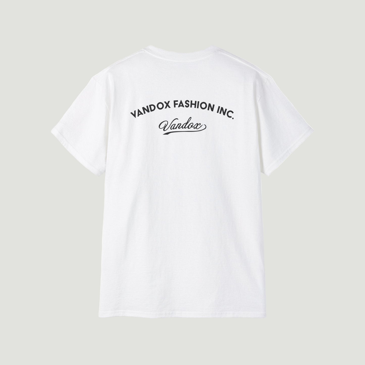 Back view of Eggshell White Vandox Studio 99 T-Shirt featuring bold “Vandox Fashion Inc.” logo and signature script detail. Starboy old money shirt tshirt clothes vandox sacrevandox vandox clothes vandox clothing