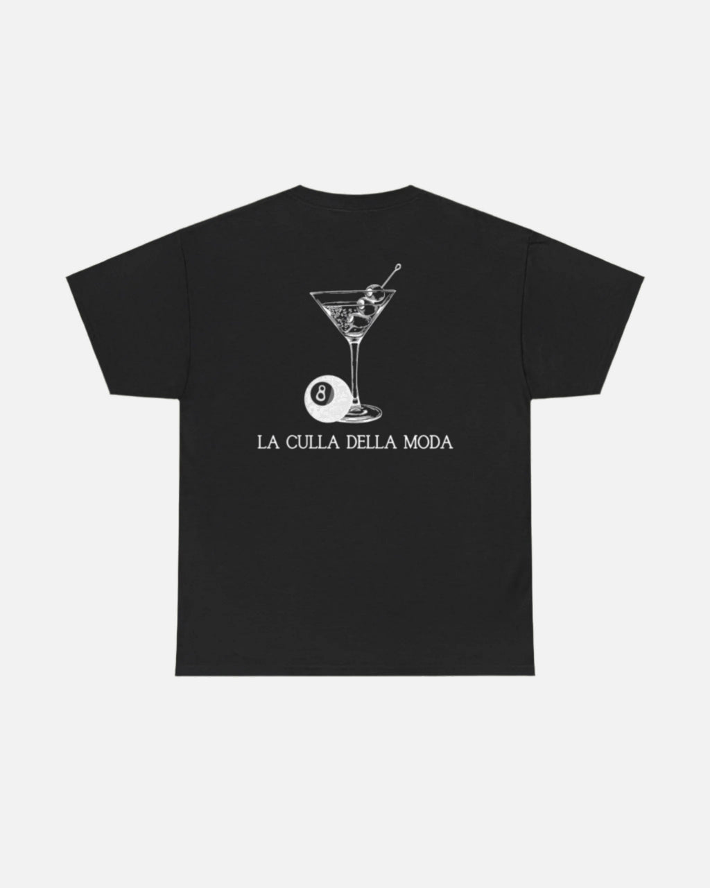Black Vandox T-shirt with a martini glass, 8-ball, and the phrase "La Culla Della Moda" on the back. Starboy old money shirt tshirt clothes vandox sacrevandox vandox clothes vandox clothing