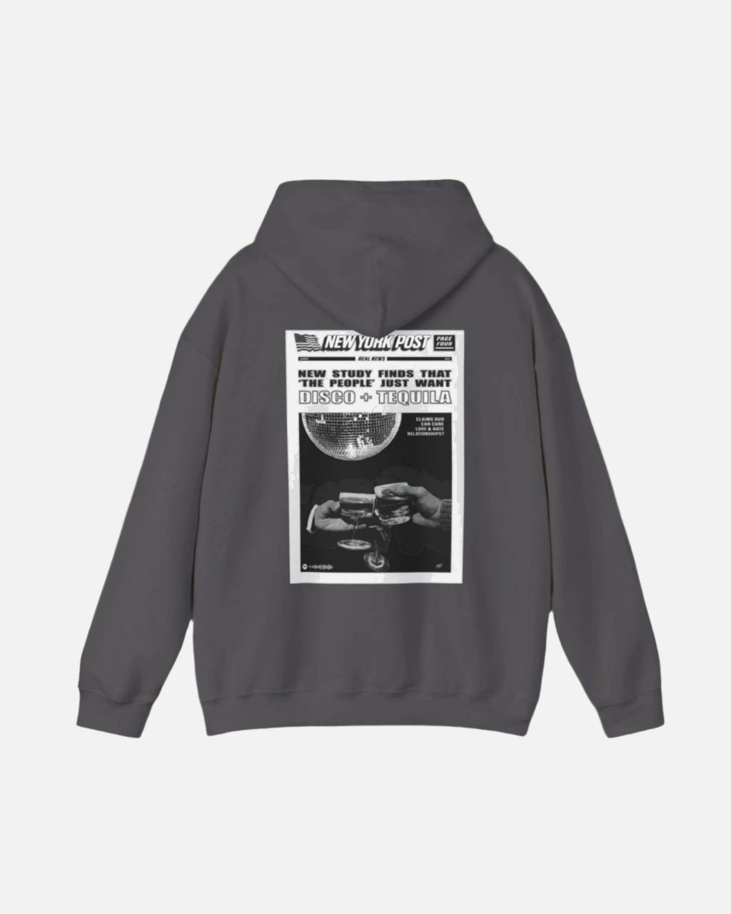 Charcoal Vandox graphic Hoodie with newspaper-style graphic Disco + Tequila Graphic Hoodie back view - Vandox. Starboy old money hoodie sweatshirt clothes vandox sacrevandox vandox clothes vandox clothing