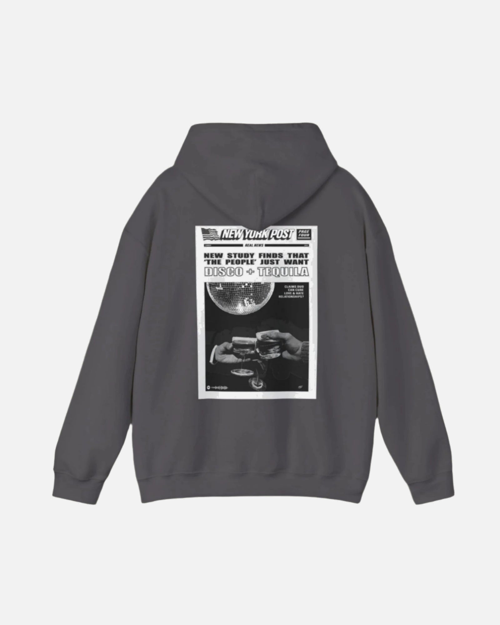 Charcoal Vandox graphic Hoodie with newspaper-style graphic Disco + Tequila Graphic Hoodie back view - Vandox. Starboy old money hoodie sweatshirt clothes vandox sacrevandox vandox clothes vandox clothing