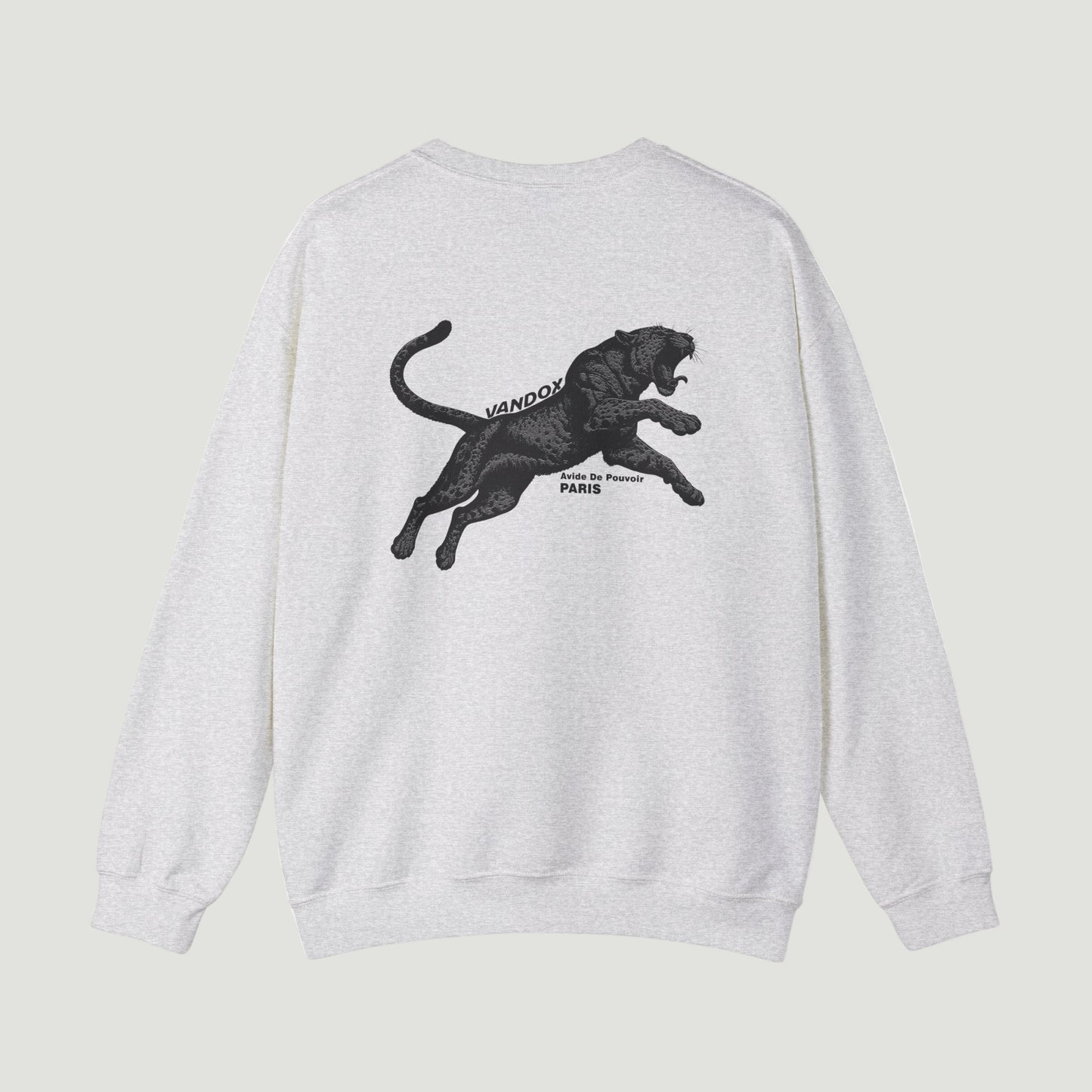 Back view of the Sporty Ash Grey Noir Pounce Crewneck by Vandox with black panther graphic and “Paris Avide de Pouvoir” text. Starboy old money hoodie sweatshirt clothes vandox sacrevandox vandox clothes vandox clothing crewneck 