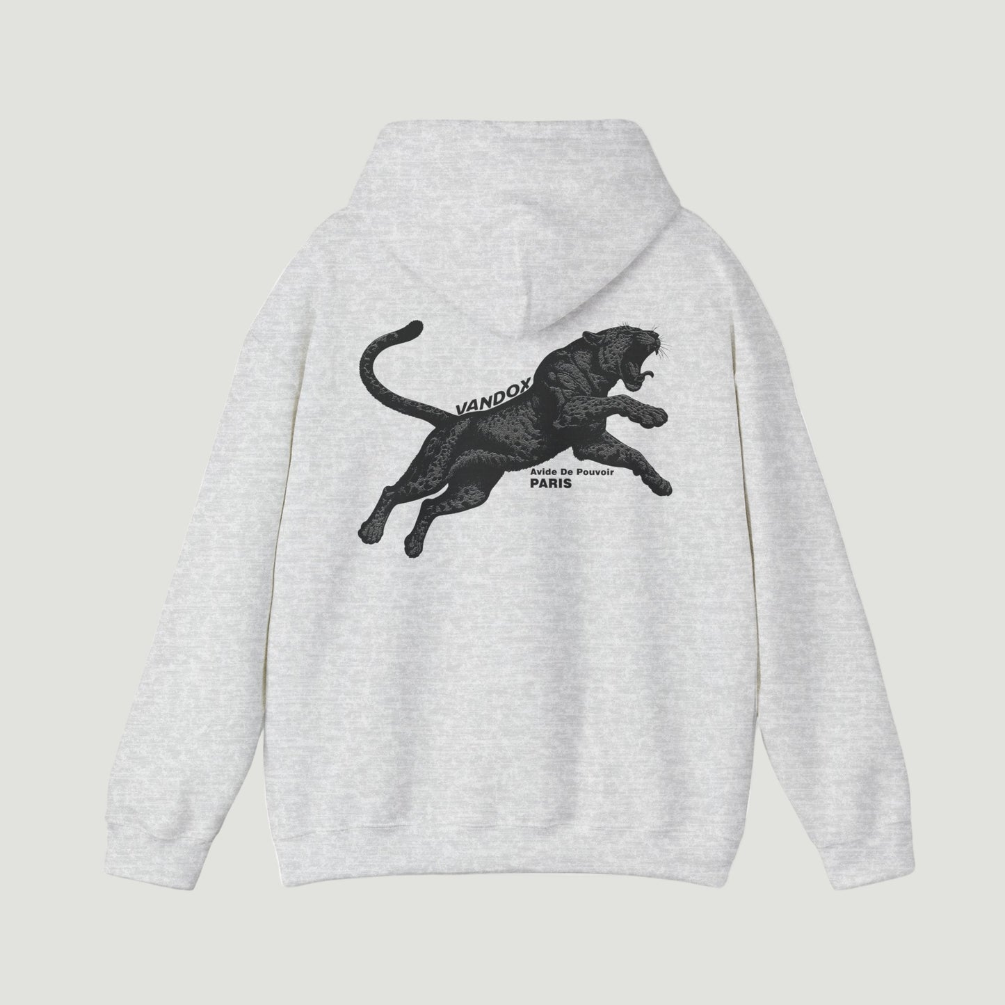 Back view of the Sport Ash Grey Noir Pounce Hoodie by Vandox featuring bold black panther graphic with “Avide de Pouvoir Paris” text. Starboy old money hoodie sweatshirt clothes vandox sacrevandox vandox clothes vandox clothing
