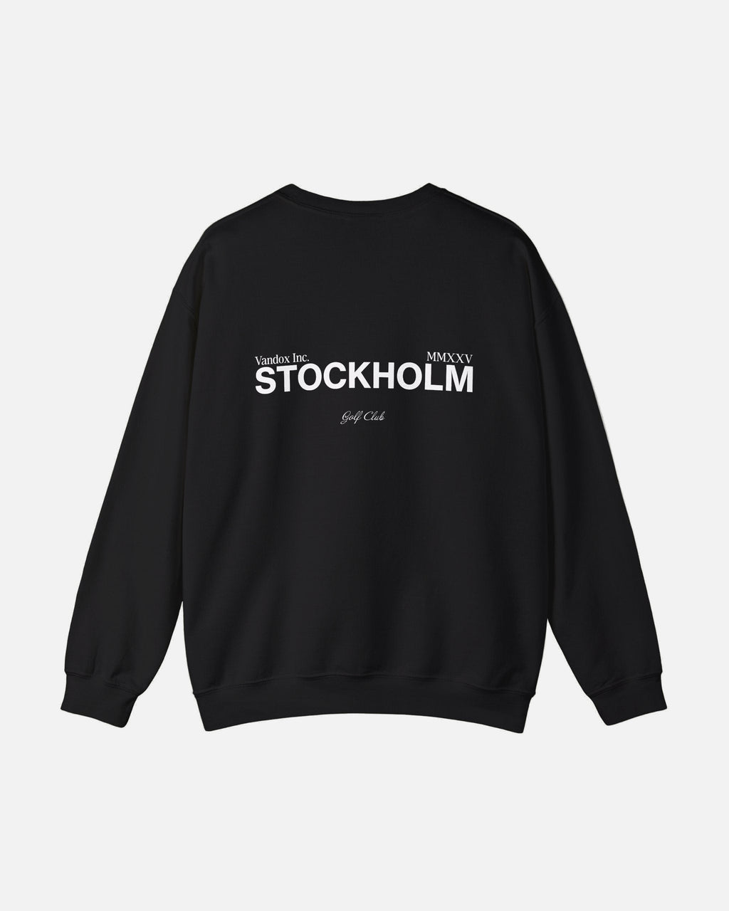 Back view of the Deep Black Vandox Stockholm Crewneck featuring bold “STOCKHOLM” and “Vandox Inc. MMXXV Golf Club” text. Starboy old money hoodie sweatshirt clothes vandox sacrevandox vandox clothes vandox clothing crewneck 