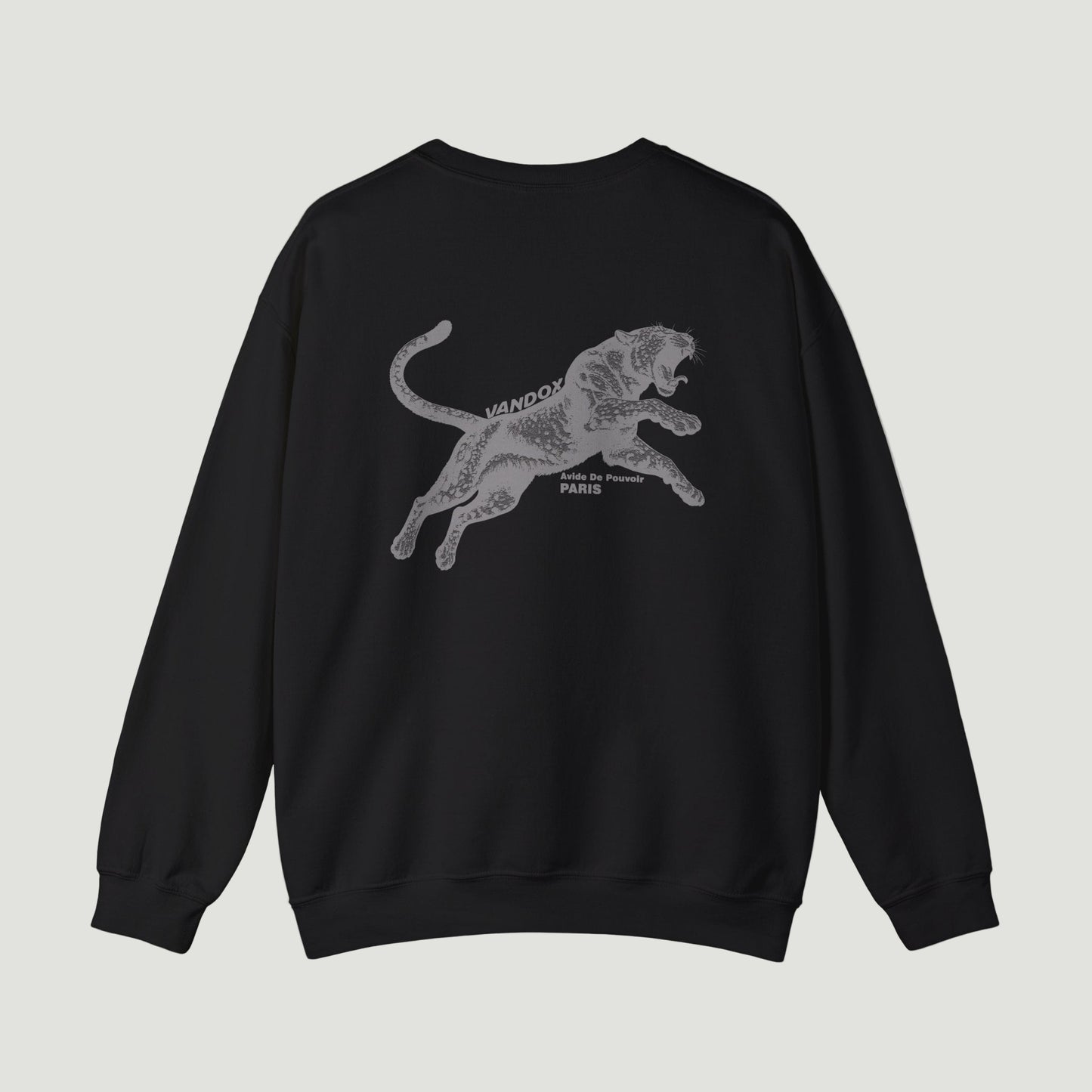 Back view of the Deep Black Noir Pounce Crewneck by Vandox with black panther graphic and “Paris Avide de Pouvoir” text. Starboy old money hoodie sweatshirt clothes vandox sacrevandox vandox clothes vandox clothing crewneck 