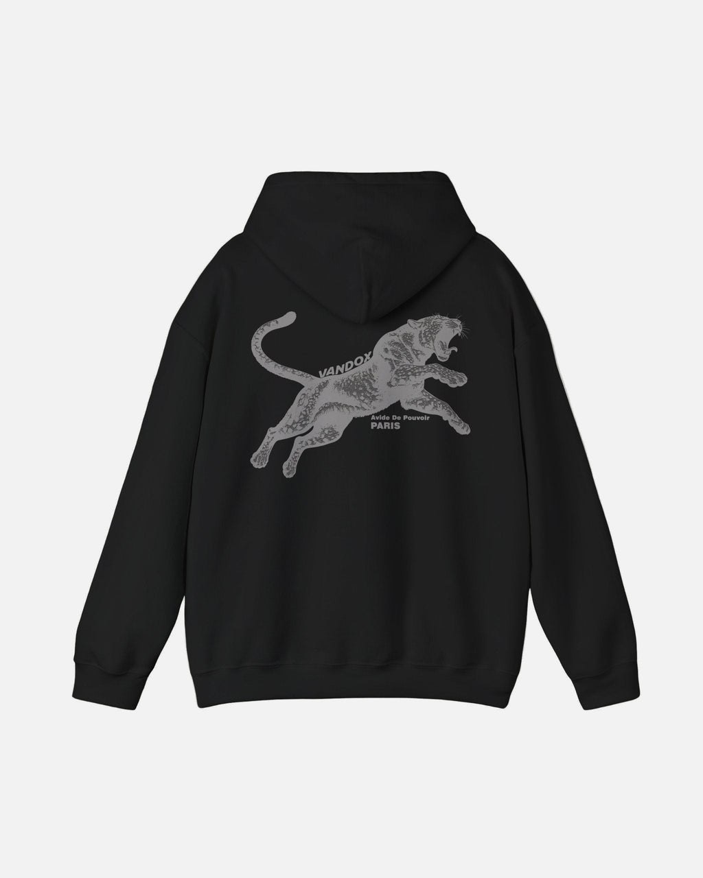Back view of the Deep Black Noir Pounce Hoodie by Vandox featuring bold black panther graphic with “Avide de Pouvoir Paris” text. Starboy old money hoodie sweatshirt clothes vandox sacrevandox vandox clothes vandox clothing