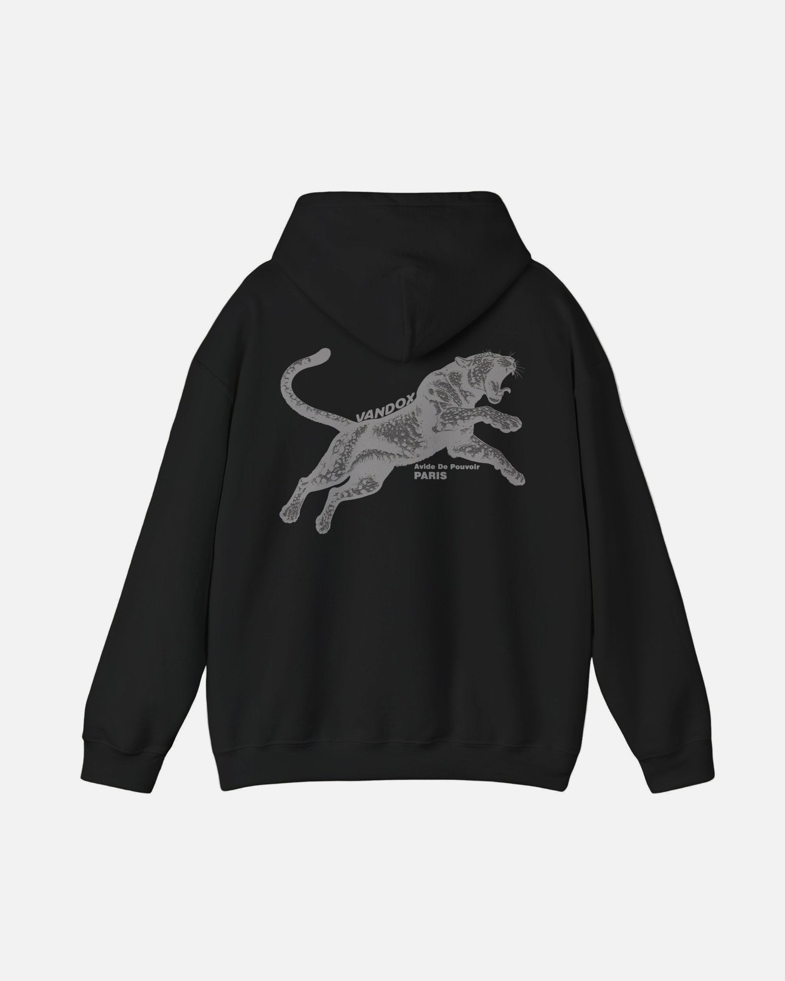 Back view of the Deep Black Noir Pounce Hoodie by Vandox featuring bold black panther graphic with “Avide de Pouvoir Paris” text. Starboy old money hoodie sweatshirt clothes vandox sacrevandox vandox clothes vandox clothing