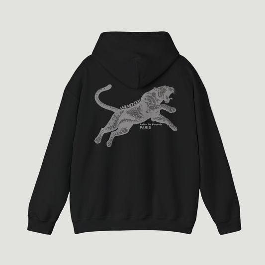 Back view of the Deep Black Noir Pounce Hoodie by Vandox featuring bold black panther graphic with “Avide de Pouvoir Paris” text. Starboy old money hoodie sweatshirt clothes vandox sacrevandox vandox clothes vandox clothing