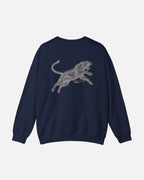 Back view of the deep Navy Blue Noir Pounce Crewneck by Vandox with black panther graphic and “Paris Avide de Pouvoir” text. Starboy old money hoodie sweatshirt clothes vandox sacrevandox vandox clothes vandox clothing crewneck 