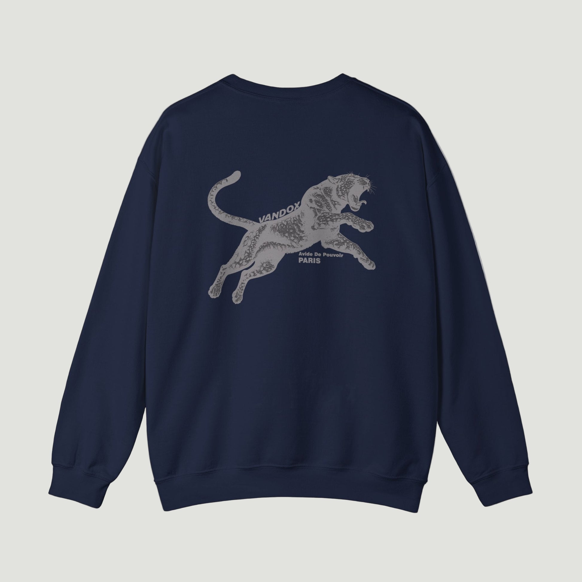 Back view of the deep Navy Blue Noir Pounce Crewneck by Vandox with black panther graphic and “Paris Avide de Pouvoir” text. Starboy old money hoodie sweatshirt clothes vandox sacrevandox vandox clothes vandox clothing crewneck 