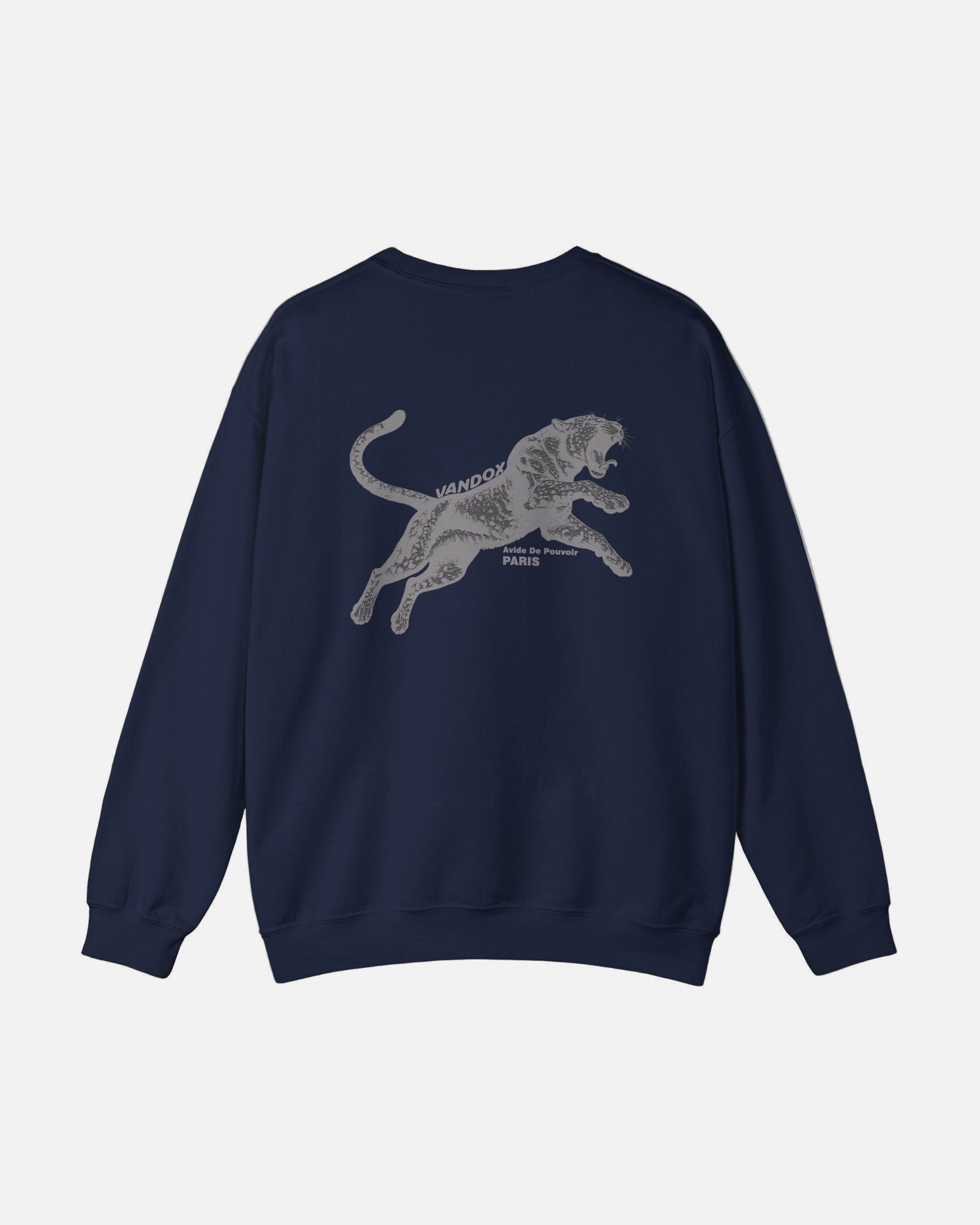 Back view of the deep Navy Blue Noir Pounce Crewneck by Vandox with black panther graphic and “Paris Avide de Pouvoir” text. Starboy old money hoodie sweatshirt clothes vandox sacrevandox vandox clothes vandox clothing crewneck 