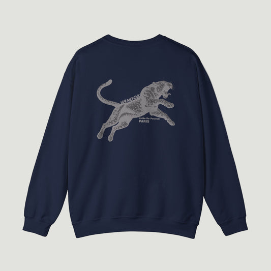 Back view of the deep Navy Blue Noir Pounce Crewneck by Vandox with black panther graphic and “Paris Avide de Pouvoir” text. Starboy old money hoodie sweatshirt clothes vandox sacrevandox vandox clothes vandox clothing crewneck 