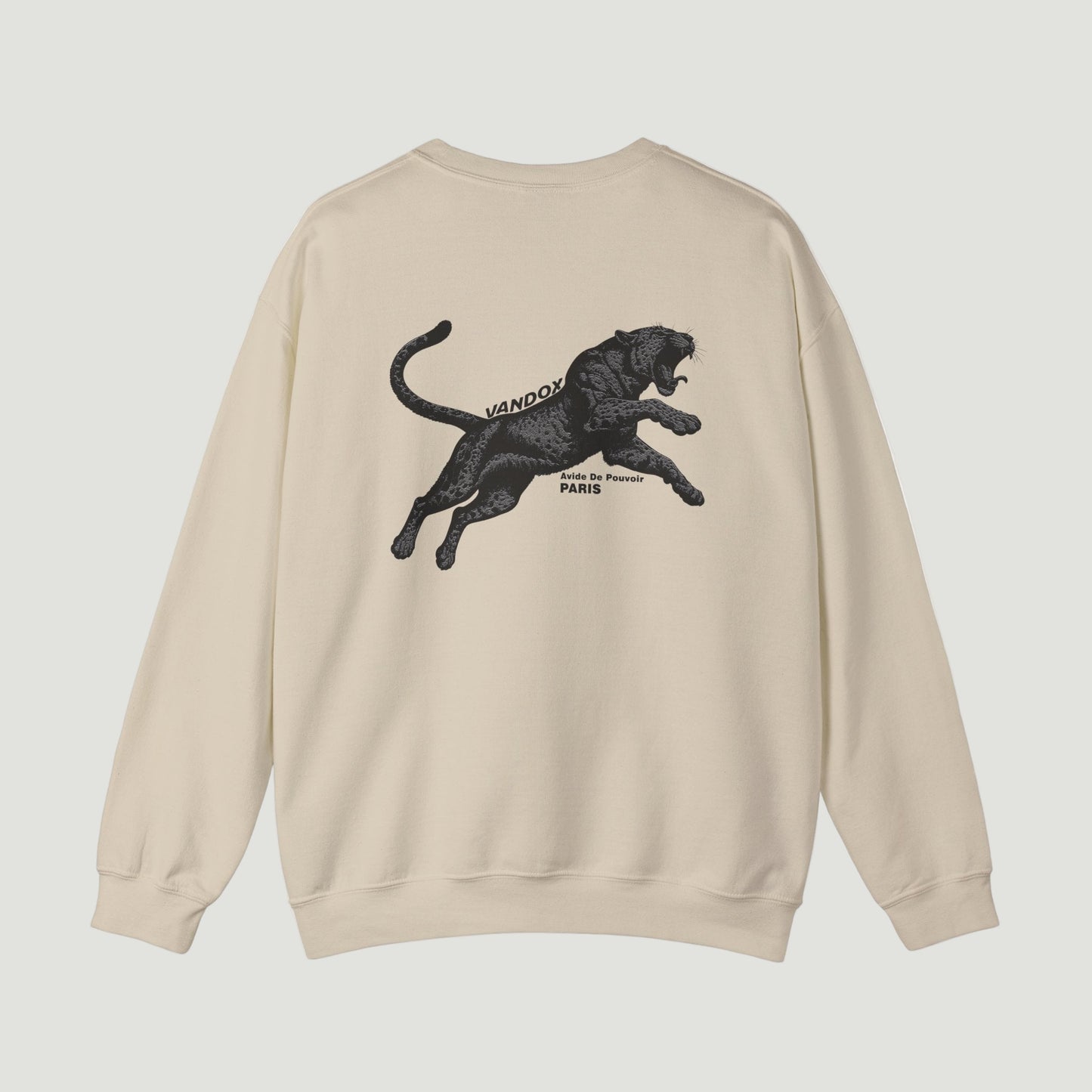 Back view of the Sand Cream Noir Pounce Crewneck by Vandox with black panther graphic and “Paris Avide de Pouvoir” text. Starboy old money hoodie sweatshirt clothes vandox sacrevandox vandox clothes vandox clothing crewneck 