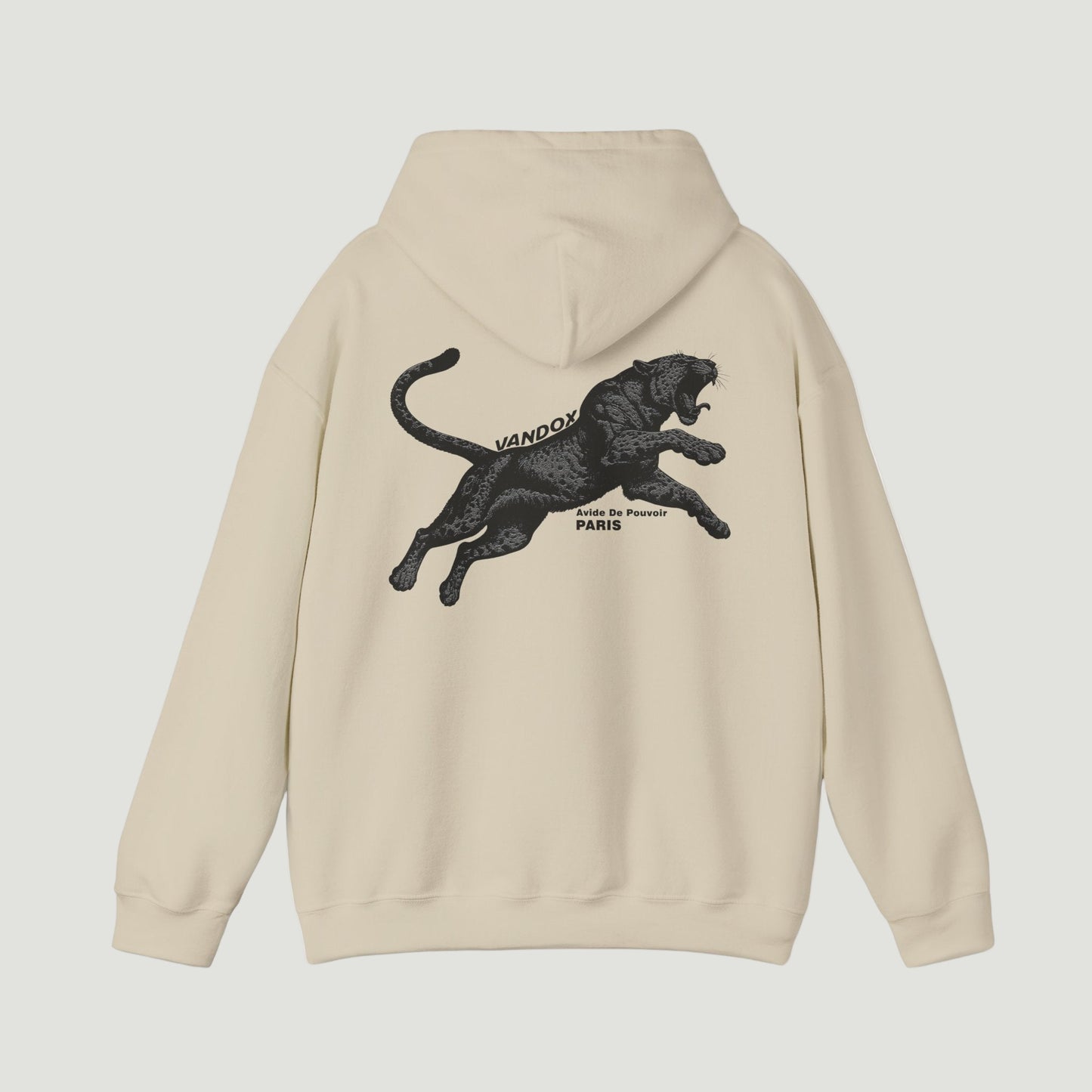 Back view of the Beige Cream Noir Pounce Hoodie by Vandox featuring bold black panther graphic with “Avide de Pouvoir Paris” text. Starboy old money hoodie sweatshirt clothes vandox sacrevandox vandox clothes vandox clothing
