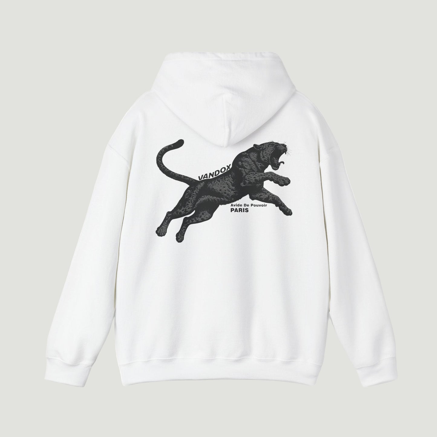 Back view of the Eggshell White Noir Pounce Hoodie by Vandox featuring bold black panther graphic with “Avide de Pouvoir Paris” text. Starboy old money hoodie sweatshirt clothes vandox sacrevandox vandox clothes vandox clothing